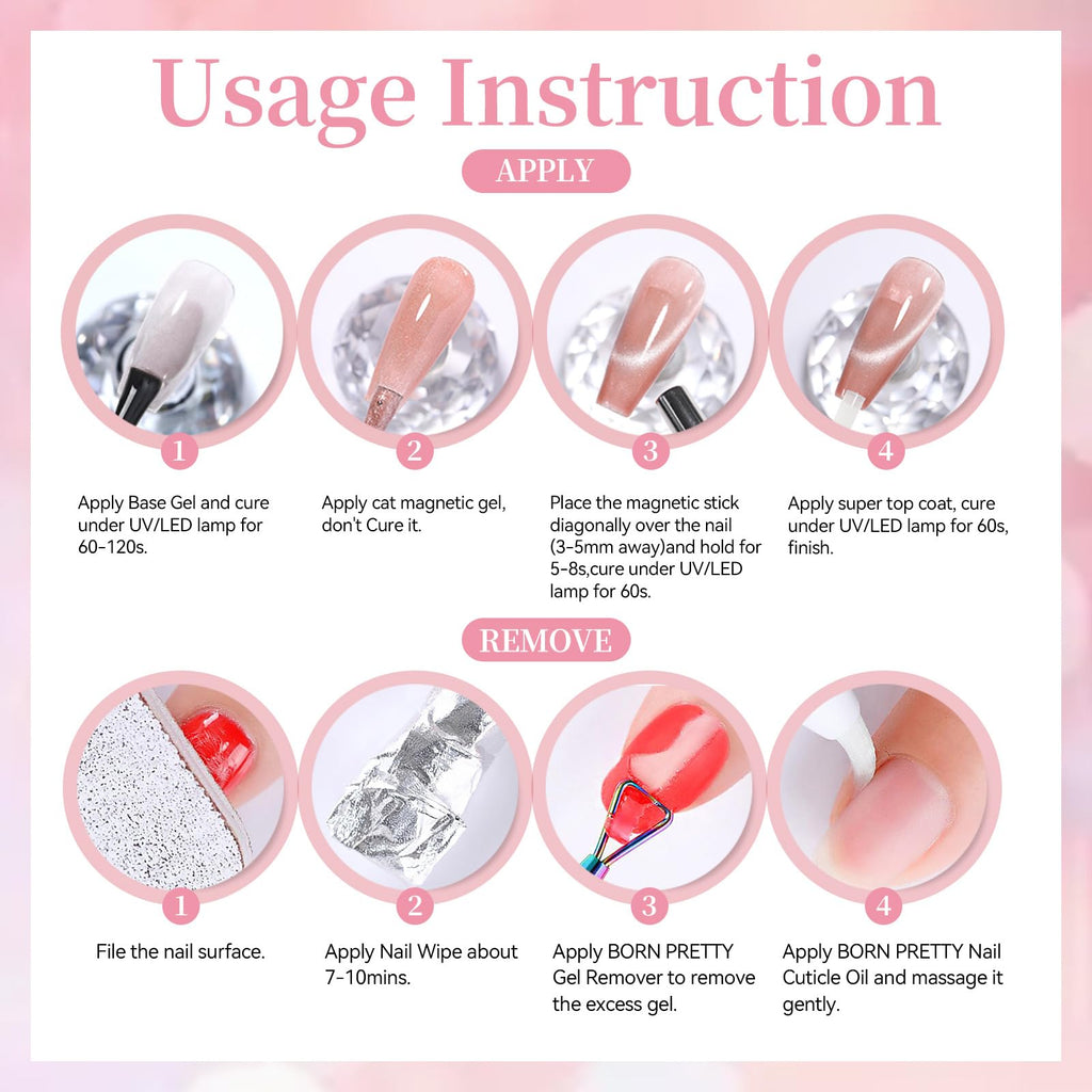Born Pretty Pink Cat Magnetic Eye Gel Polish – 6-Color Nude Pink Jelly with Glitter, HEMA & TPO Free