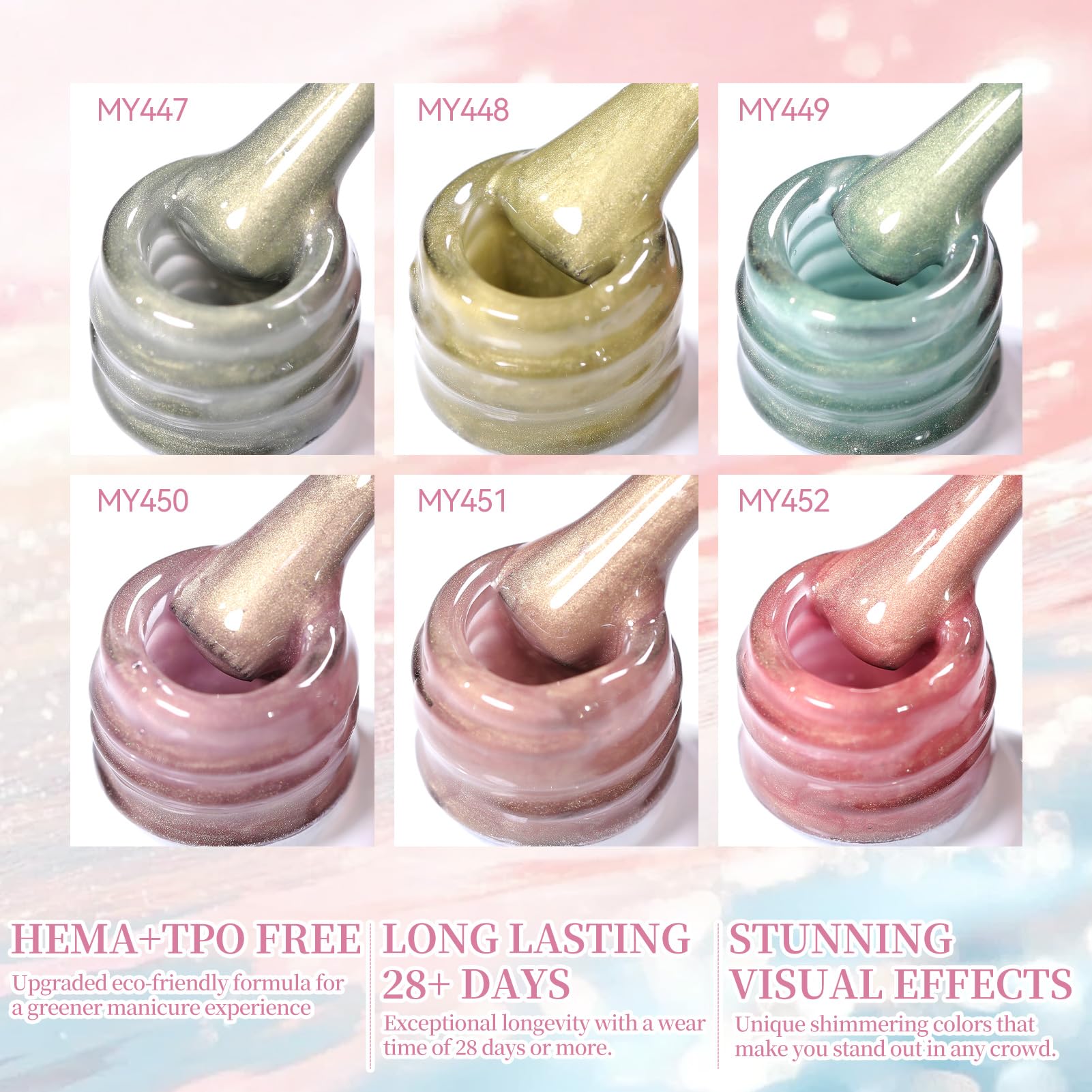Born Pretty Golden Mirage Cat Magnetic Eye Gel Nail Polish Set — 6 Colors, HEMA&TPO Free, Soak Off