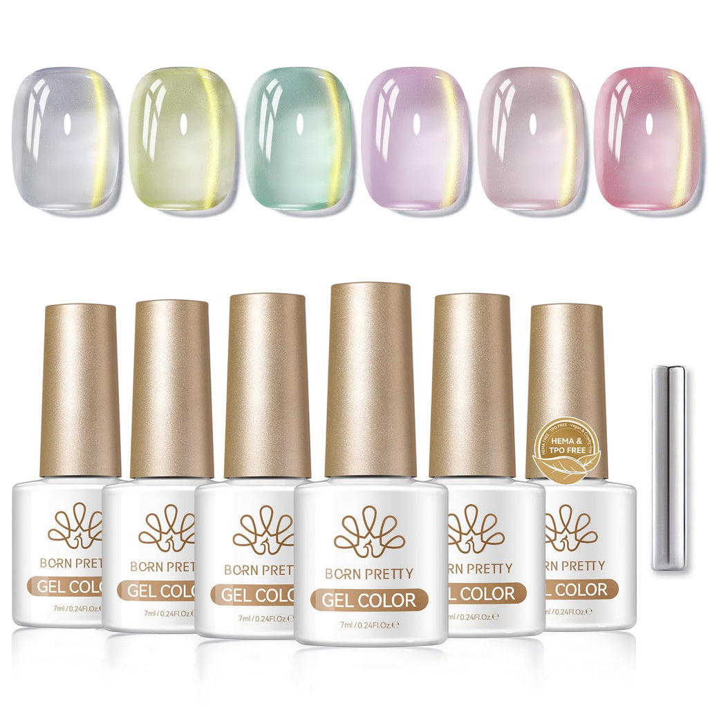 Born Pretty Golden Mirage Cat Magnetic Eye Gel Nail Polish Set — 6 Colors, HEMA&TPO Free, Soak Off