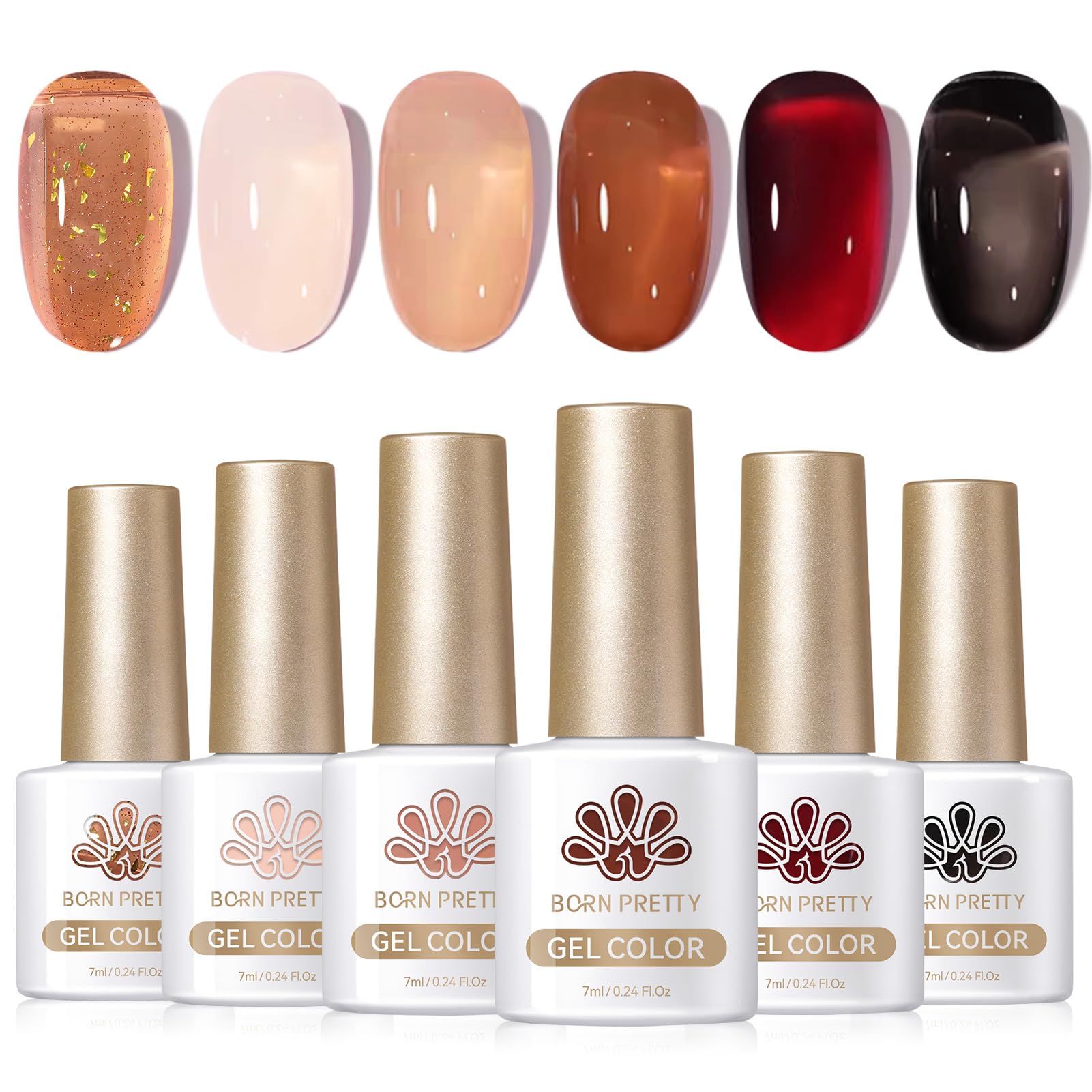Born Pretty Jelly Gel Nail Polish Set — Fall/Winter 6-Piece 7ml Gel Kit (Brown, Burgundy, Black, Nude, Transparent)