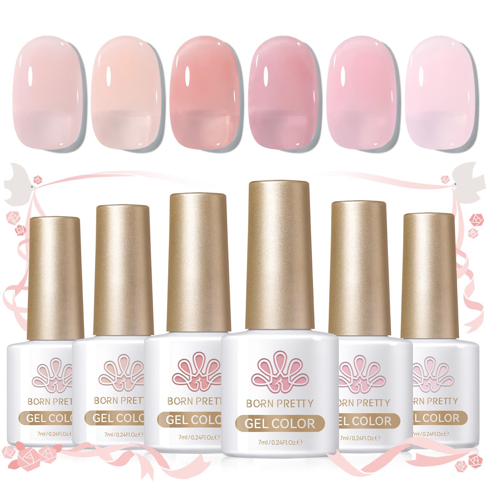 Born Pretty Jelly Pink Gel Nail Polish Set – 6 Translucent Sheer Colors, 7ml, Soak Off UV/LED