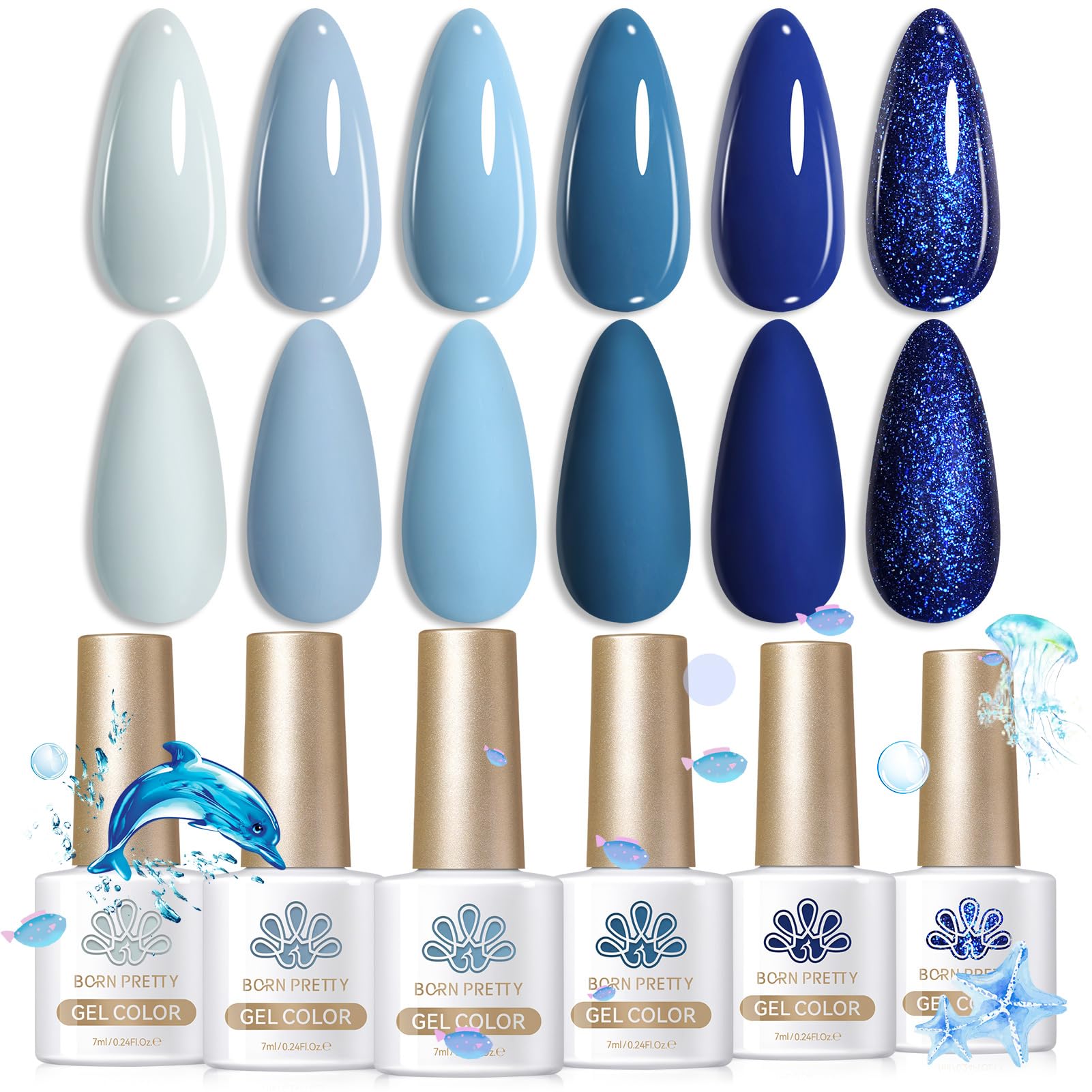 Born Pretty Blue Gel Nail Polish Kit – 6 Gradient Blues with Glitter & Long-Lasting Color