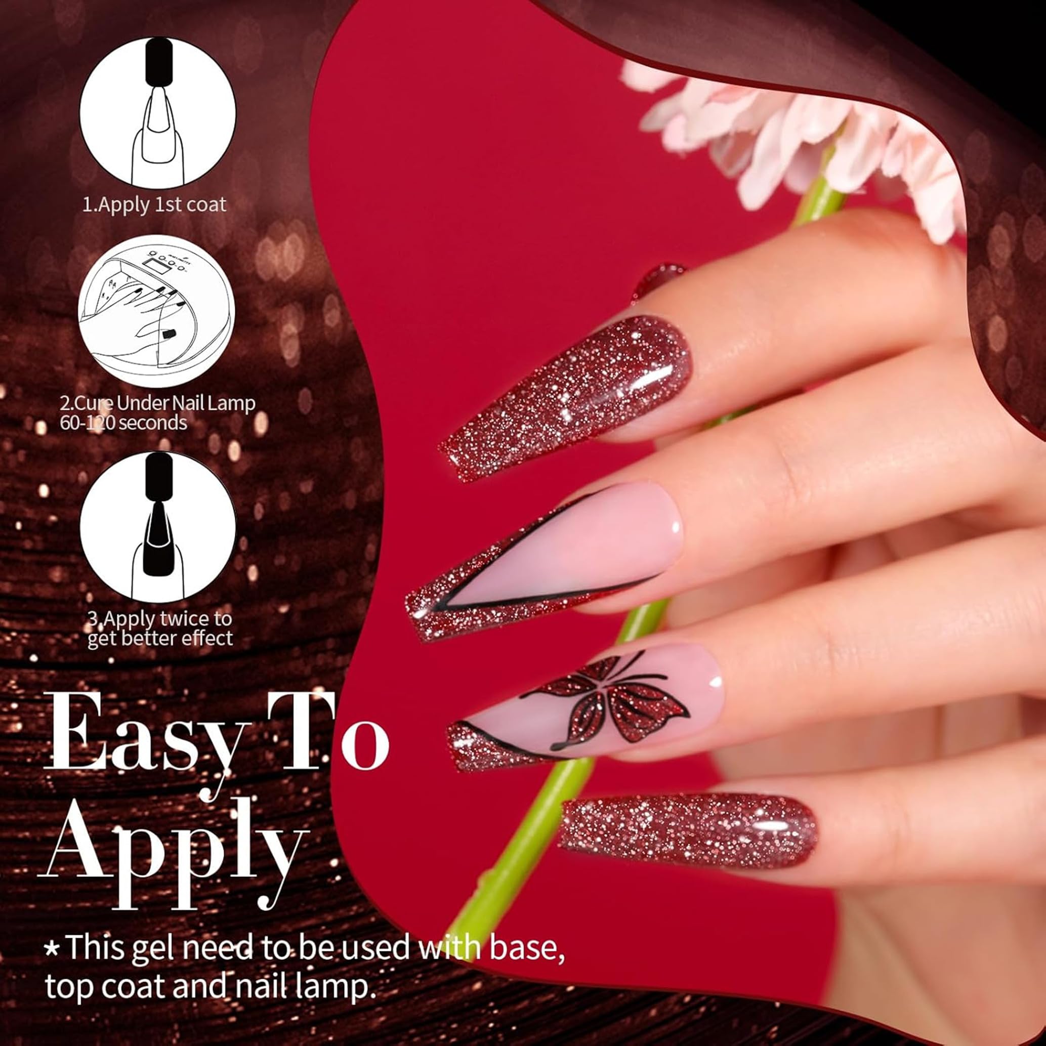 Born Pretty Reflective Red Glitter Gel Polish 6-Pack 7ml | Christmas Disco Nails