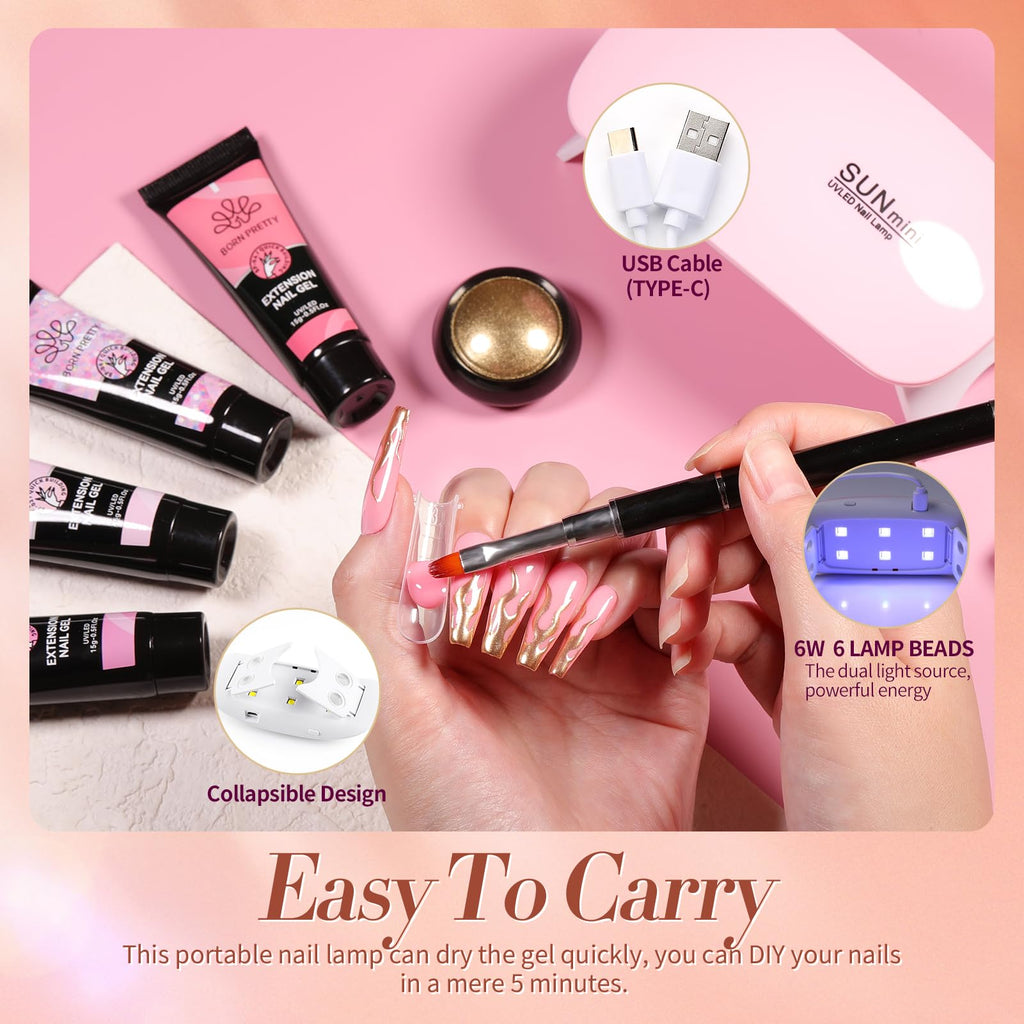 Born Pretty Poly Extension Gel Kit – 12 Colors Nude Pink Set with Mini LED Lamp, Base Coat & Top Coat