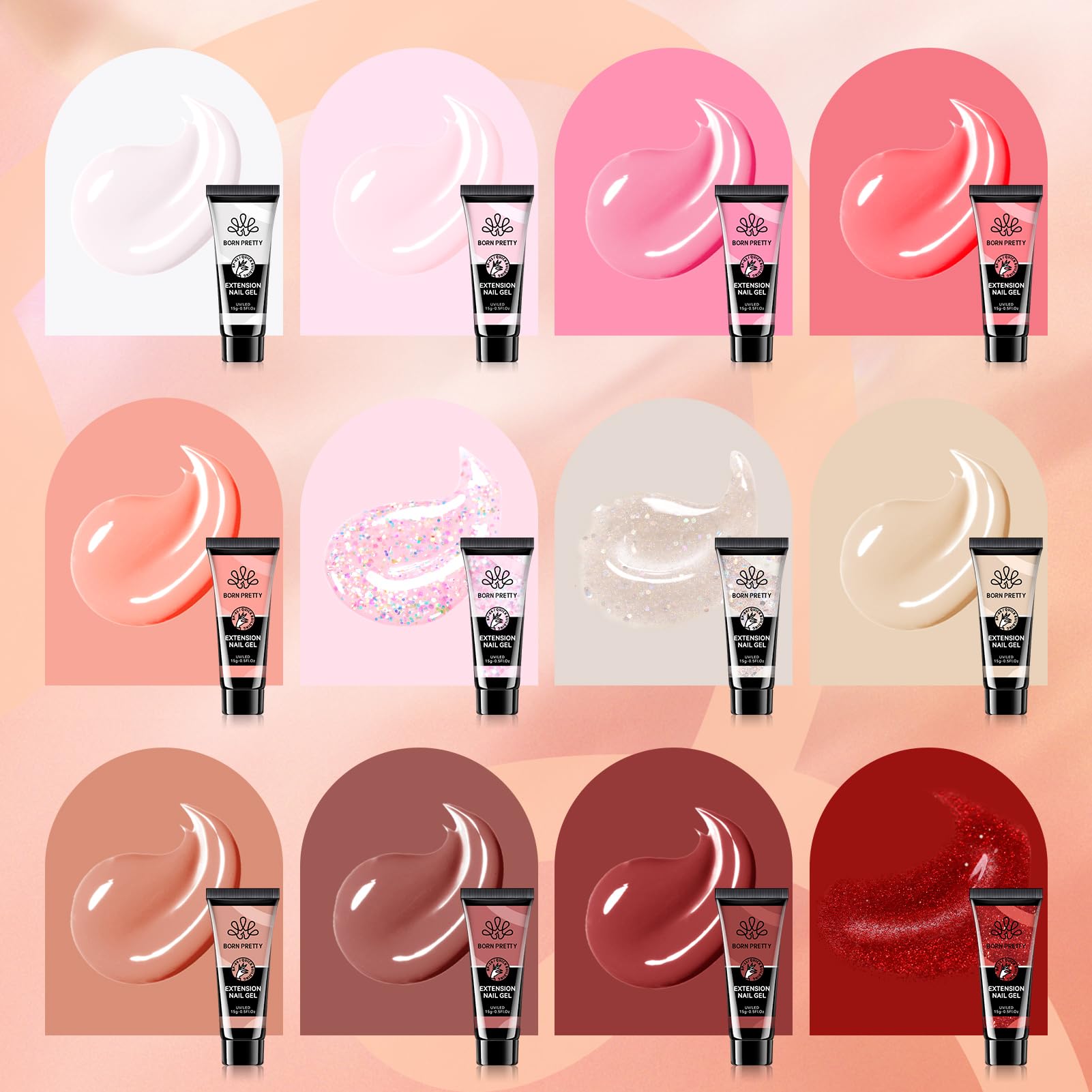 Born Pretty Poly Extension Gel Kit – 12 Colors Nude Pink Set with Mini LED Lamp, Base Coat & Top Coat