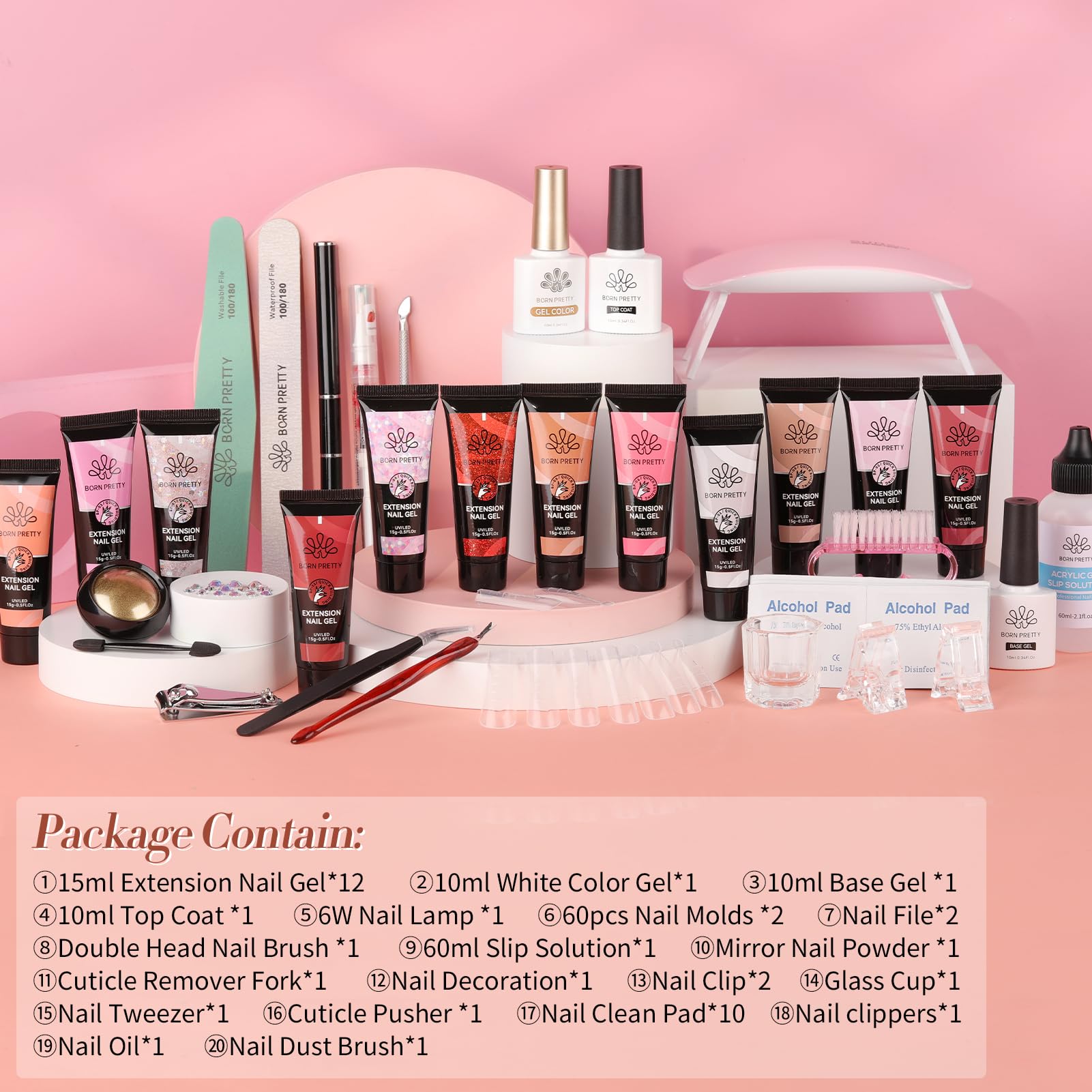 Born Pretty Poly Extension Gel Kit – 12 Colors Nude Pink Set with Mini LED Lamp, Base Coat & Top Coat