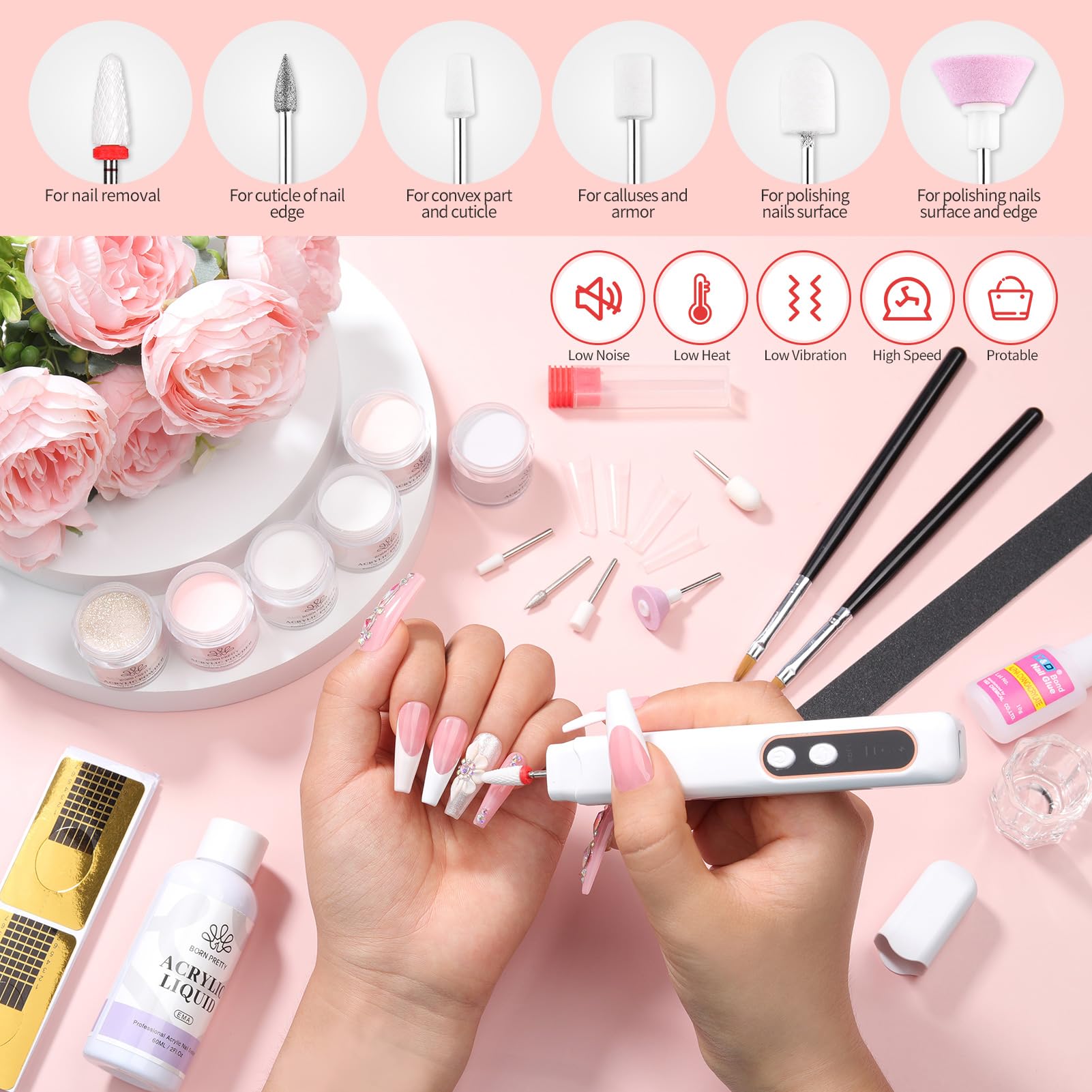 Born Pretty Acrylic Nail Kit with Drill – 92Pcs Starter Set for DIY Home Manicures