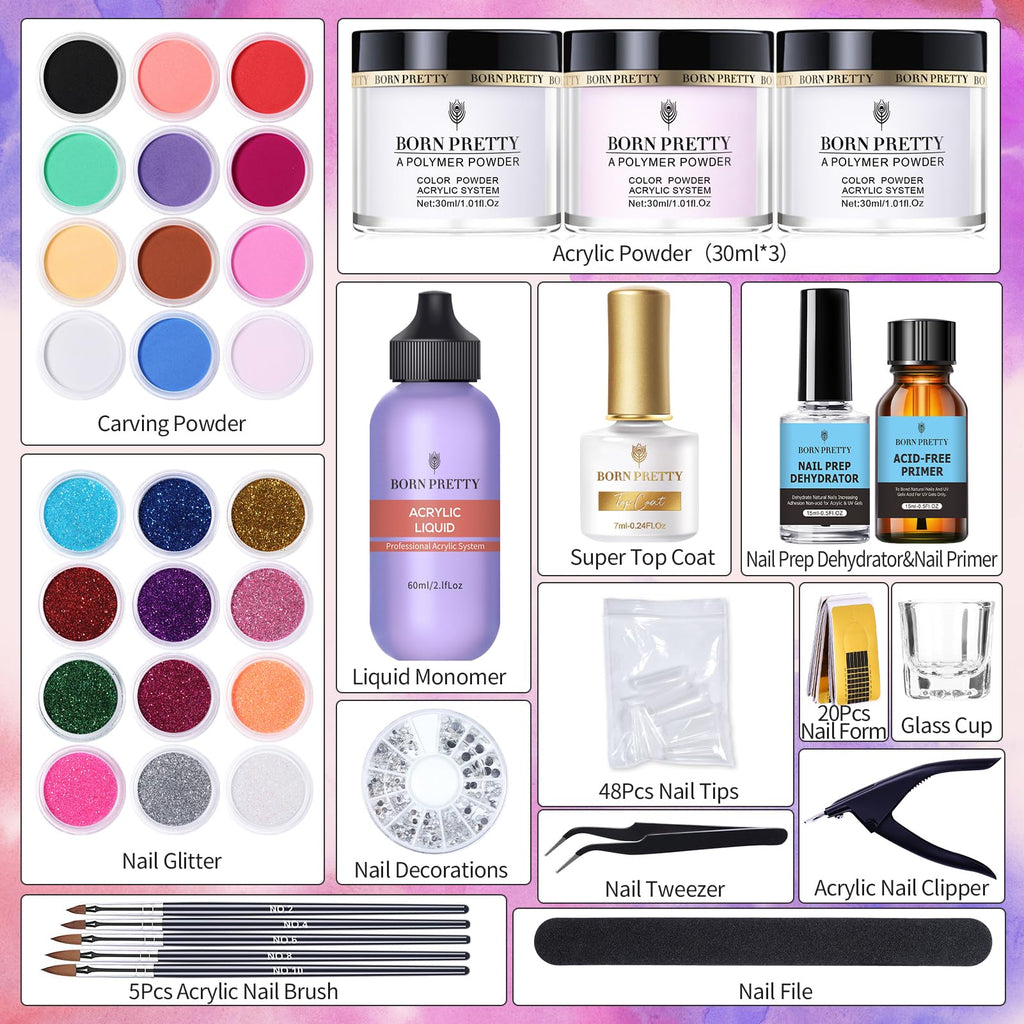 Born Pretty Acrylic Nail Kit – 96Pcs Powder & Liquid Set with 24 Glitter Colors