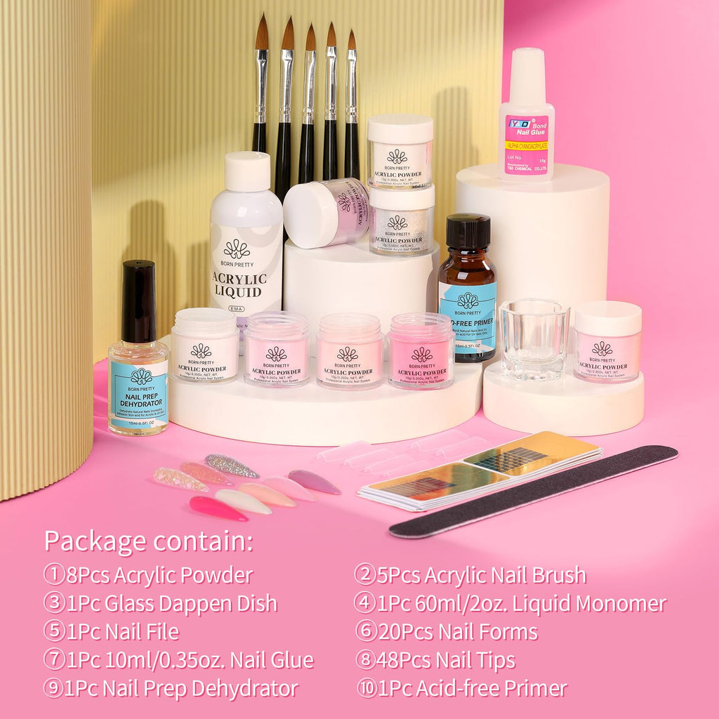 Born Pretty 87-Piece Acrylic Nail Kit for Beginners – Pink/White Glitter Powders + Monomer & Nail Prep Set