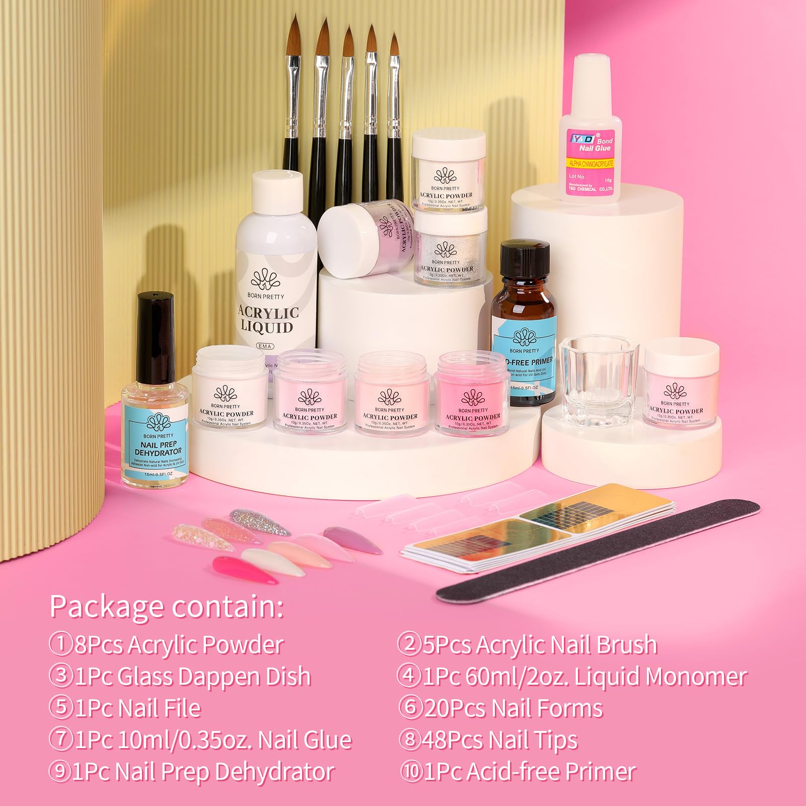 Born Pretty 87-Piece Acrylic Nail Kit for Beginners – Pink/White Glitter Powders + Monomer & Nail Prep Set