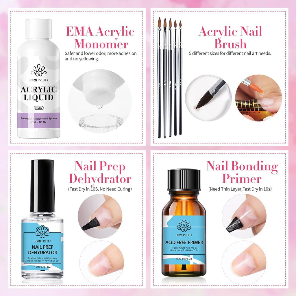 Born Pretty 87-Piece Acrylic Nail Kit for Beginners – Pink/White Glitter Powders + Monomer & Nail Prep Set
