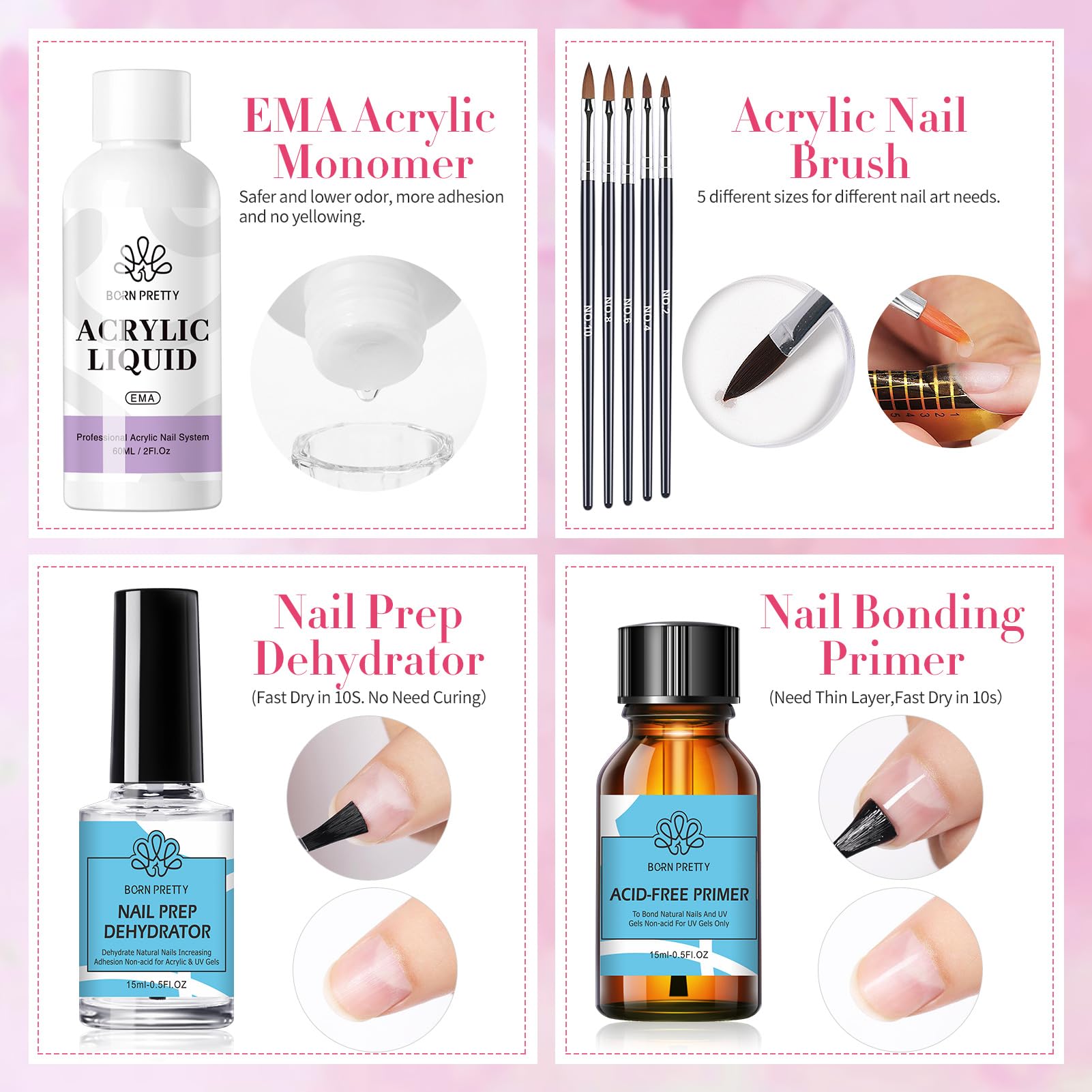 Born Pretty 87-Piece Acrylic Nail Kit for Beginners – Pink/White Glitter Powders + Monomer & Nail Prep Set