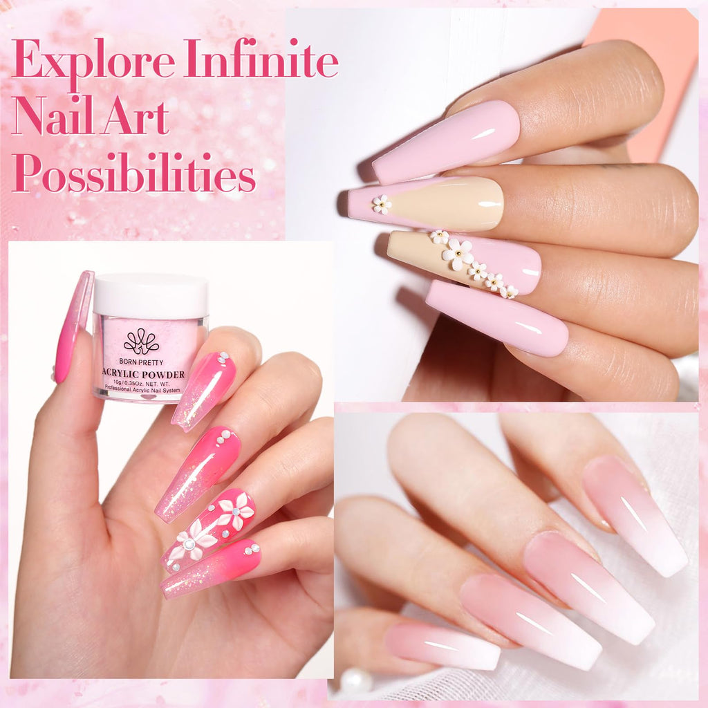 Born Pretty 87-Piece Acrylic Nail Kit for Beginners – Pink/White Glitter Powders + Monomer & Nail Prep Set