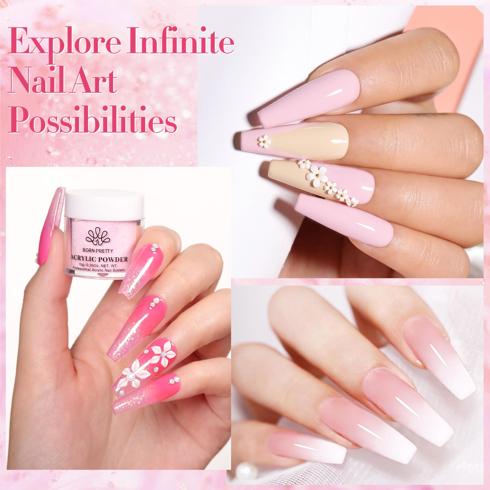 Born Pretty 87-Piece Acrylic Nail Kit for Beginners – Pink/White Glitter Powders + Monomer & Nail Prep Set