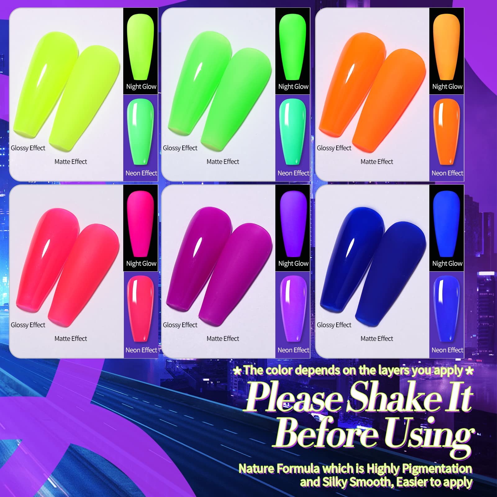 Born Pretty Neon Gel Nail Polish Set — 6 Luminous Neon Colors, 7ml