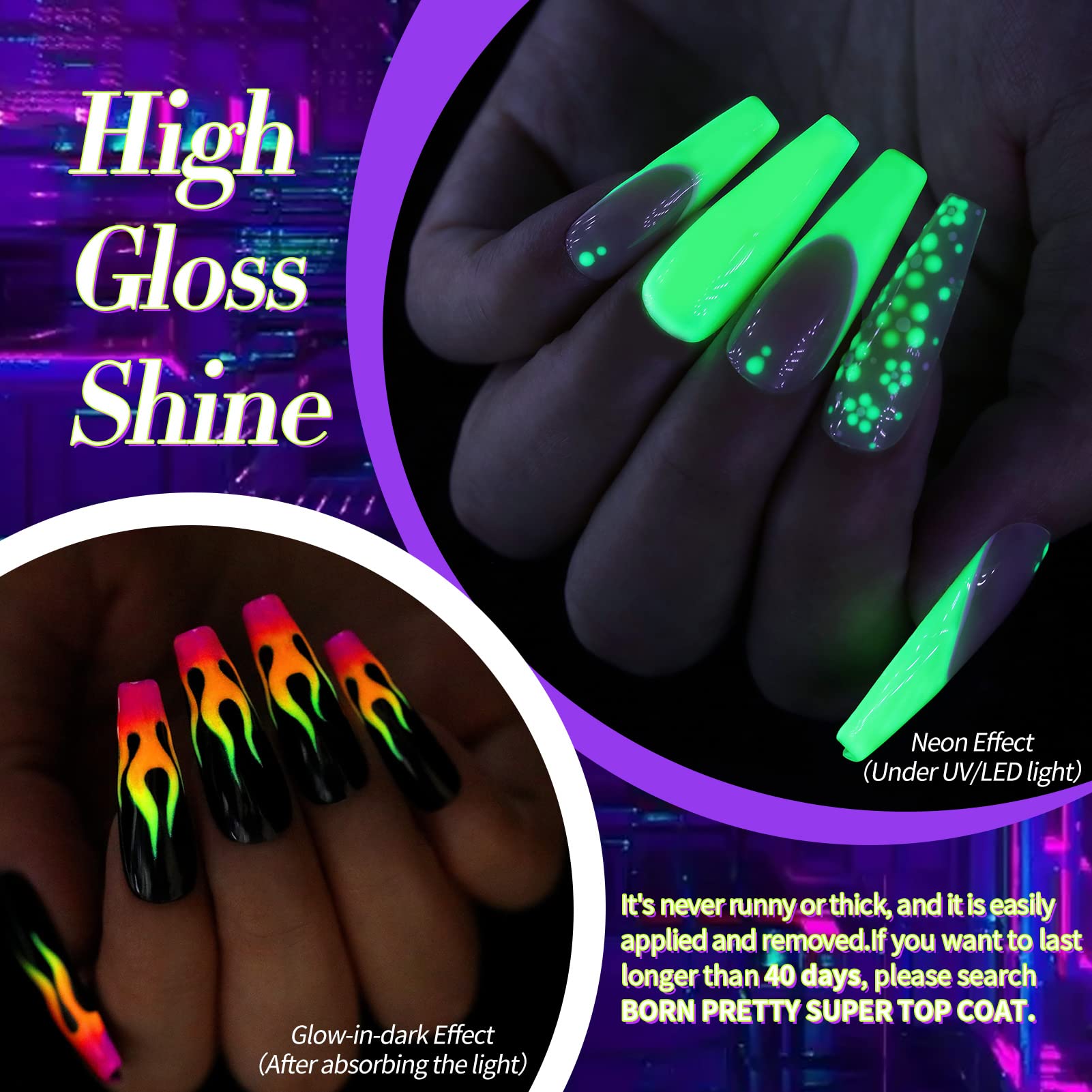 Born Pretty Neon Gel Nail Polish Set — 6 Luminous Neon Colors, 7ml