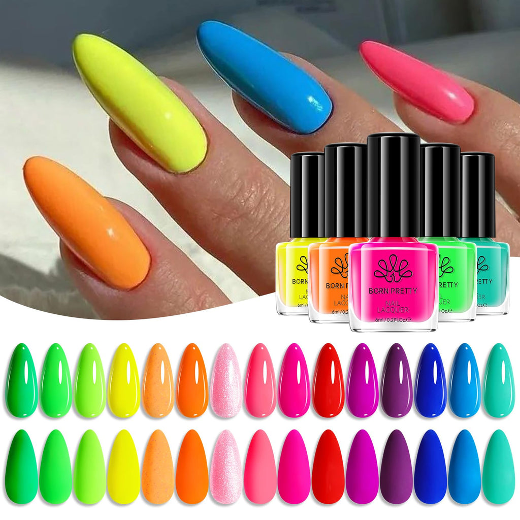 Born Pretty Neon Nail Polish Set - 15 Quick-Dry Neon Colors for DIY Nails