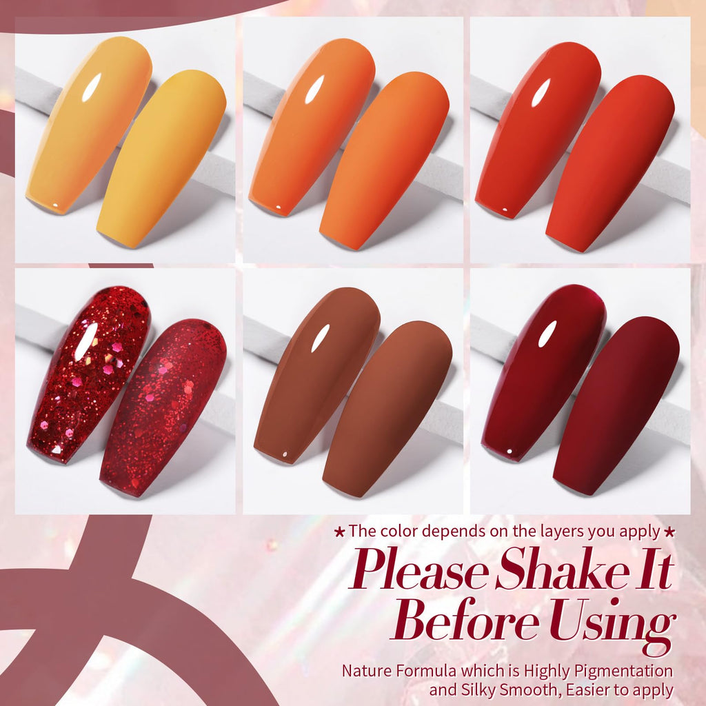 Born Pretty Fall Winter Gel Nail Polish 6-Piece Collection – Pumpkin, Caramel, Orange, Brown & Red Shimmer