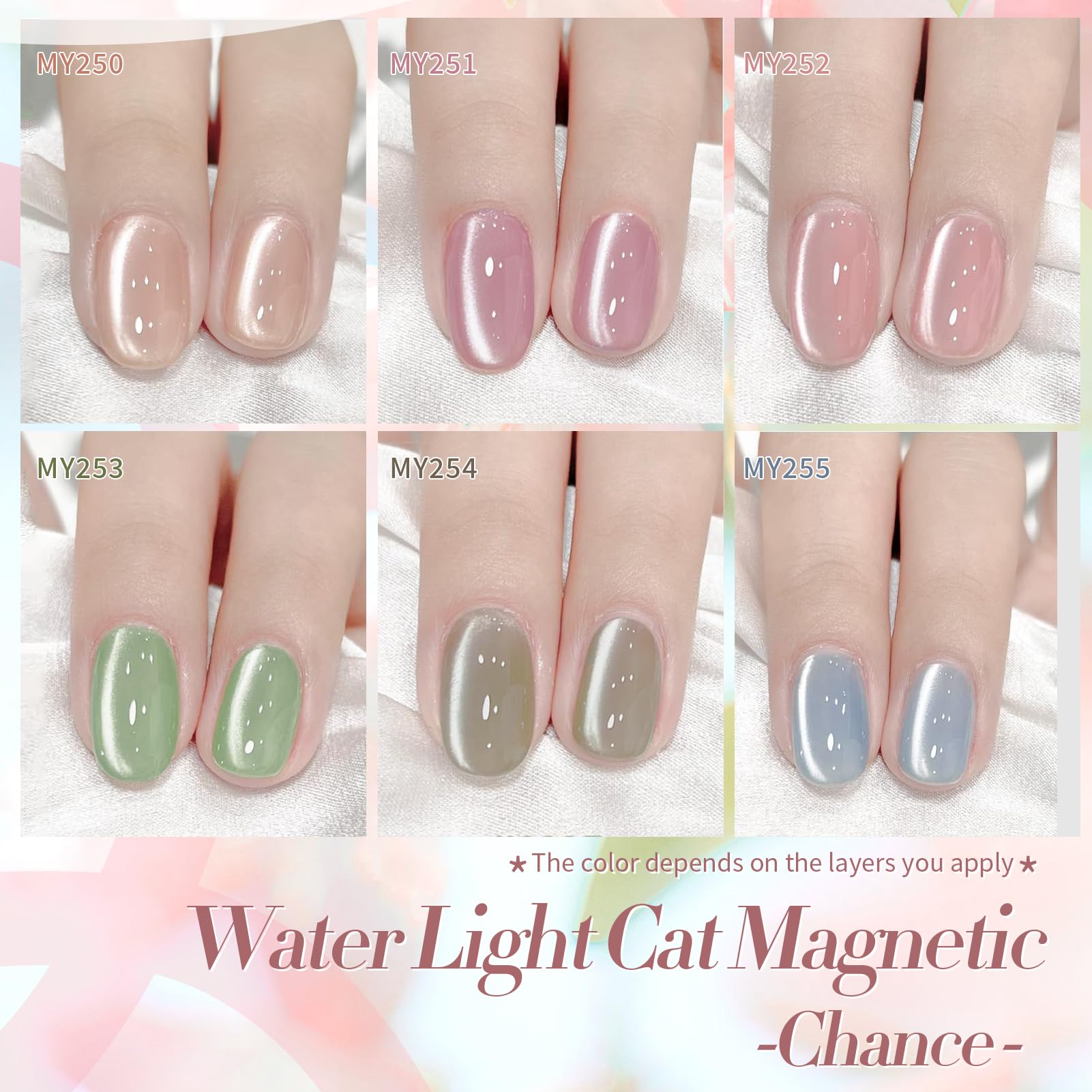 Born Pretty Pastel Magnetic Gel Nail Polish Kit – Water Light Cat Eye, Jelly Glass Crystal Glitter (6PCS)