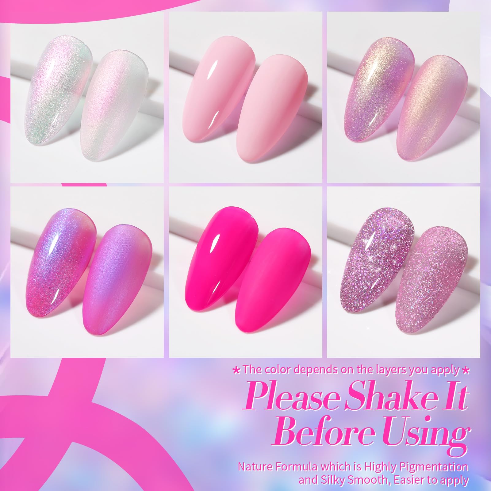 Born Pretty Pink Gel Nail Polish Kit – 6 Colors (Glitter, Pearl & Mermaid Shimmer) Soak-Off Gel Nail Kit