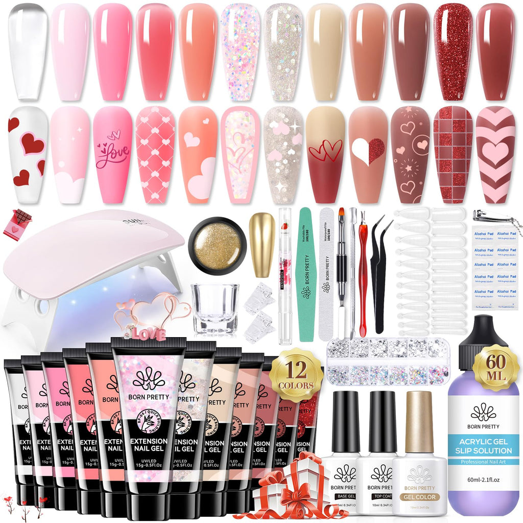 Born Pretty Poly Extension Gel Kit – 12 Colors Nude Pink Set with Mini LED Lamp, Base Coat & Top Coat