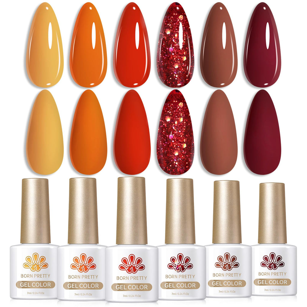Born Pretty Fall Winter Gel Nail Polish 6-Piece Collection – Pumpkin, Caramel, Orange, Brown & Red Shimmer