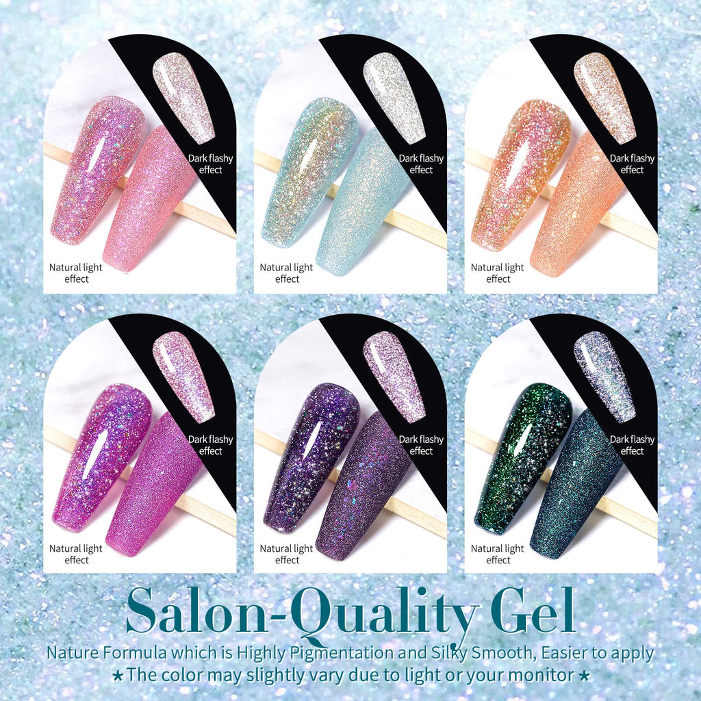 Born Pretty Reflective Glitter Gel Nail Polish – Shimmer Sequins, Sparkly Disco Finish, 6pcs 10ml