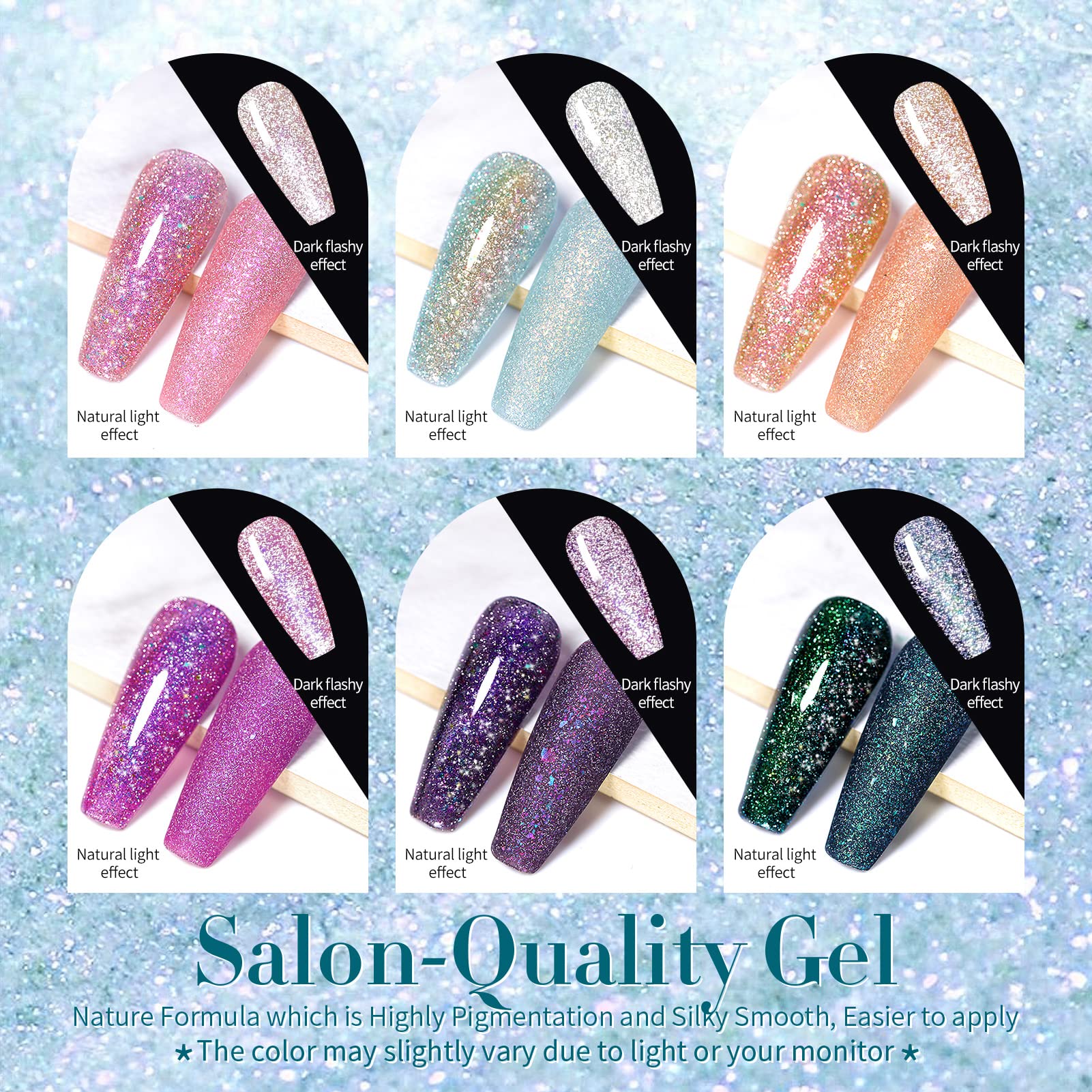 Born Pretty Reflective Glitter Gel Nail Polish – Shimmer Sequins, Sparkly Disco Finish, 6pcs 10ml