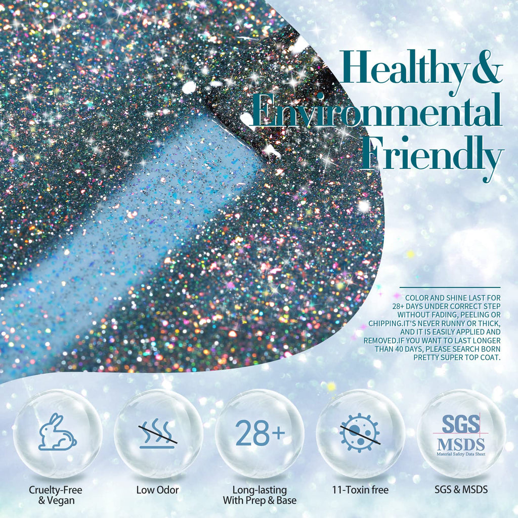 Born Pretty Reflective Glitter Gel Nail Polish – Shimmer Sequins, Sparkly Disco Finish, 6pcs 10ml