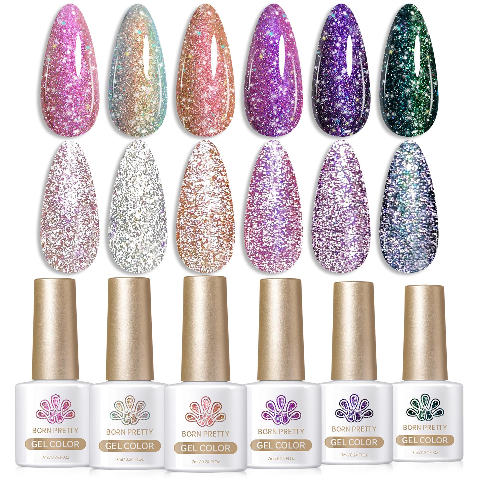 Born Pretty Reflective Glitter Gel Nail Polish – Shimmer Sequins, Sparkly Disco Finish, 6pcs 10ml