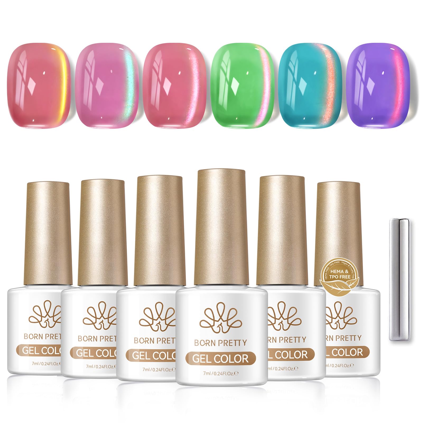 Born Pretty Spring Cat Magnetic Eye Gel Polish Set – 6 Colors, Holographic Jelly Shine, DIY Gel Nails