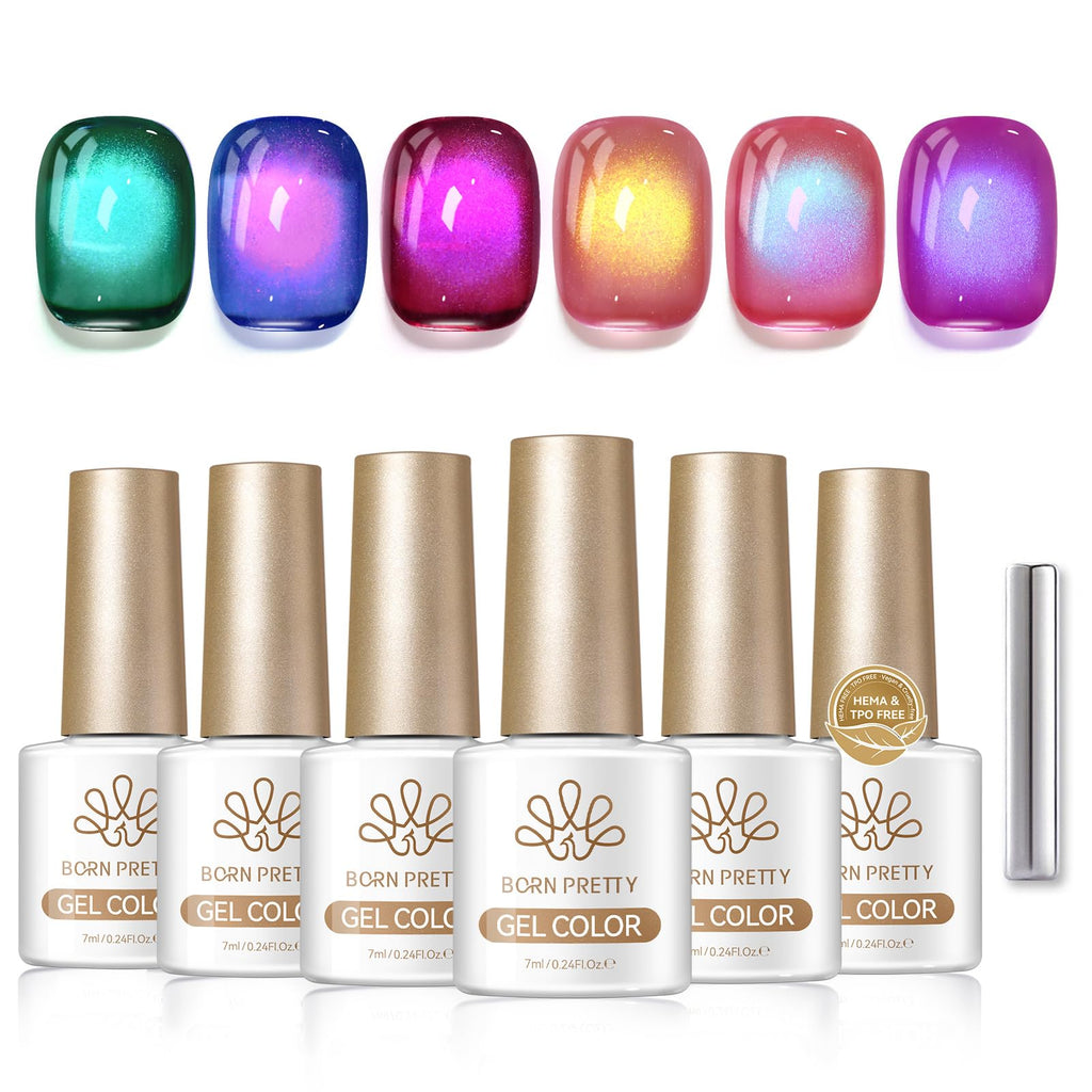 Born Pretty Cat Magnetic Eye Gel Nail Polish Set – 6×7ml Pink & Blue Crystal Glitter, HEMA/TPO Free, DIY at Home