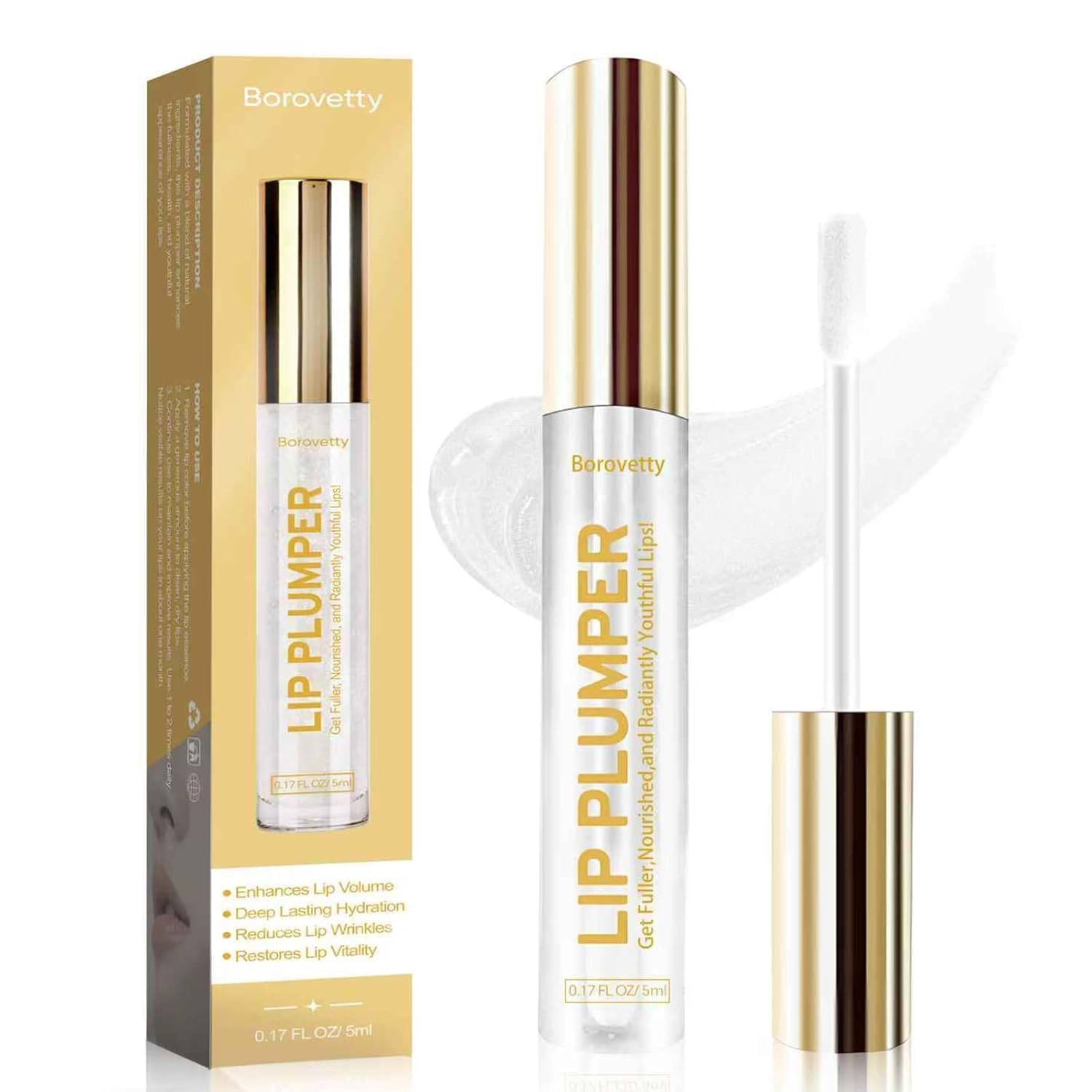 Borovetty Lip Plumper Gloss — Clear, Hydrating Plump for Fuller Lips