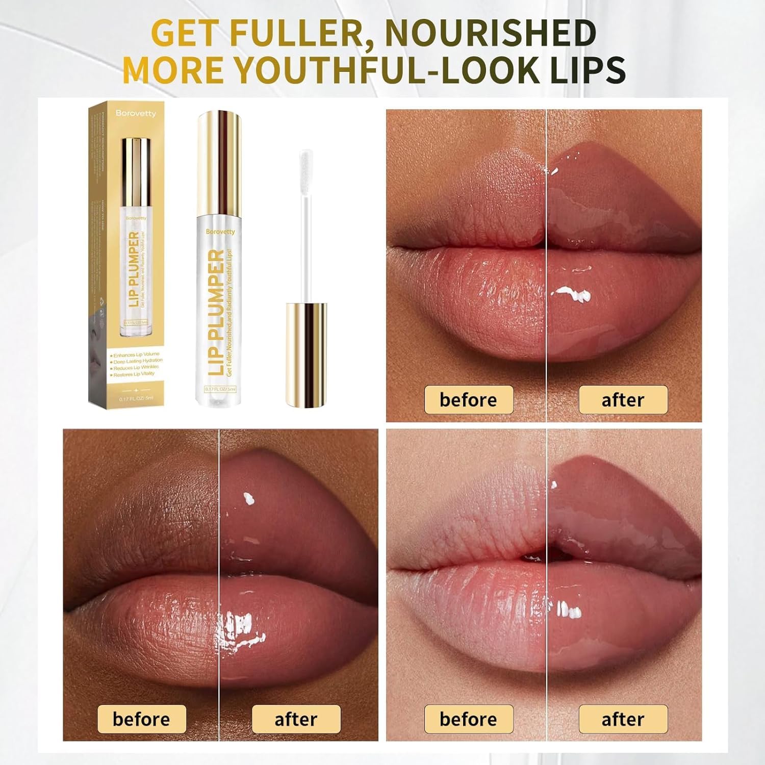 Borovetty Lip Plumper Gloss — Clear, Hydrating Plump for Fuller Lips