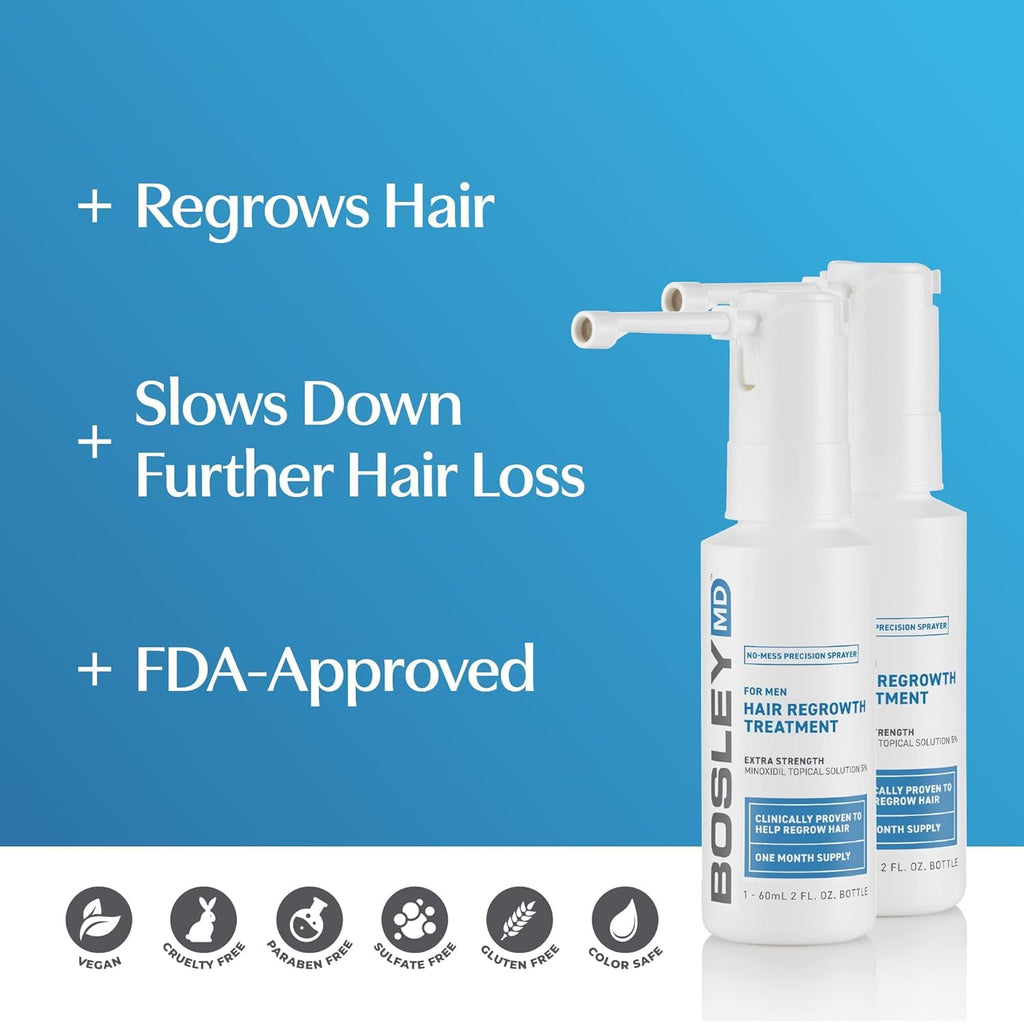 BosleyMD Minoxidil Spray Extra Strength for Men – 2-Pack, 60-Day Hair Regrowth Treatment