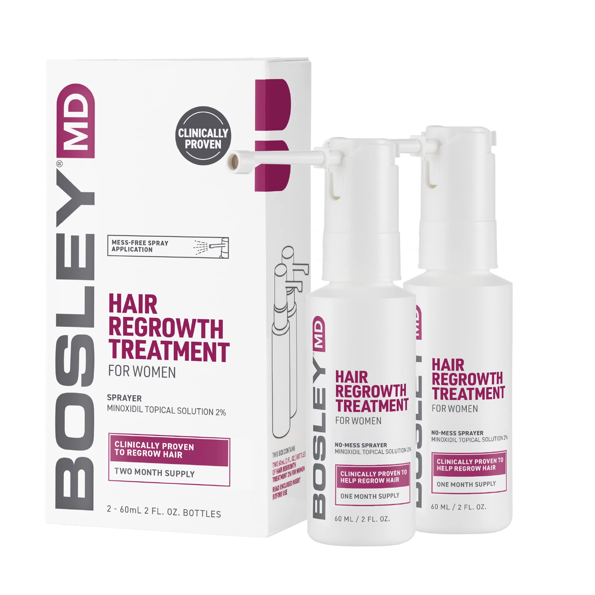 BosleyMD Minoxidil Woman Spray – 2% Hair Regrowth Treatment for Women | No-Mess Sprayer, 2-Month Supply