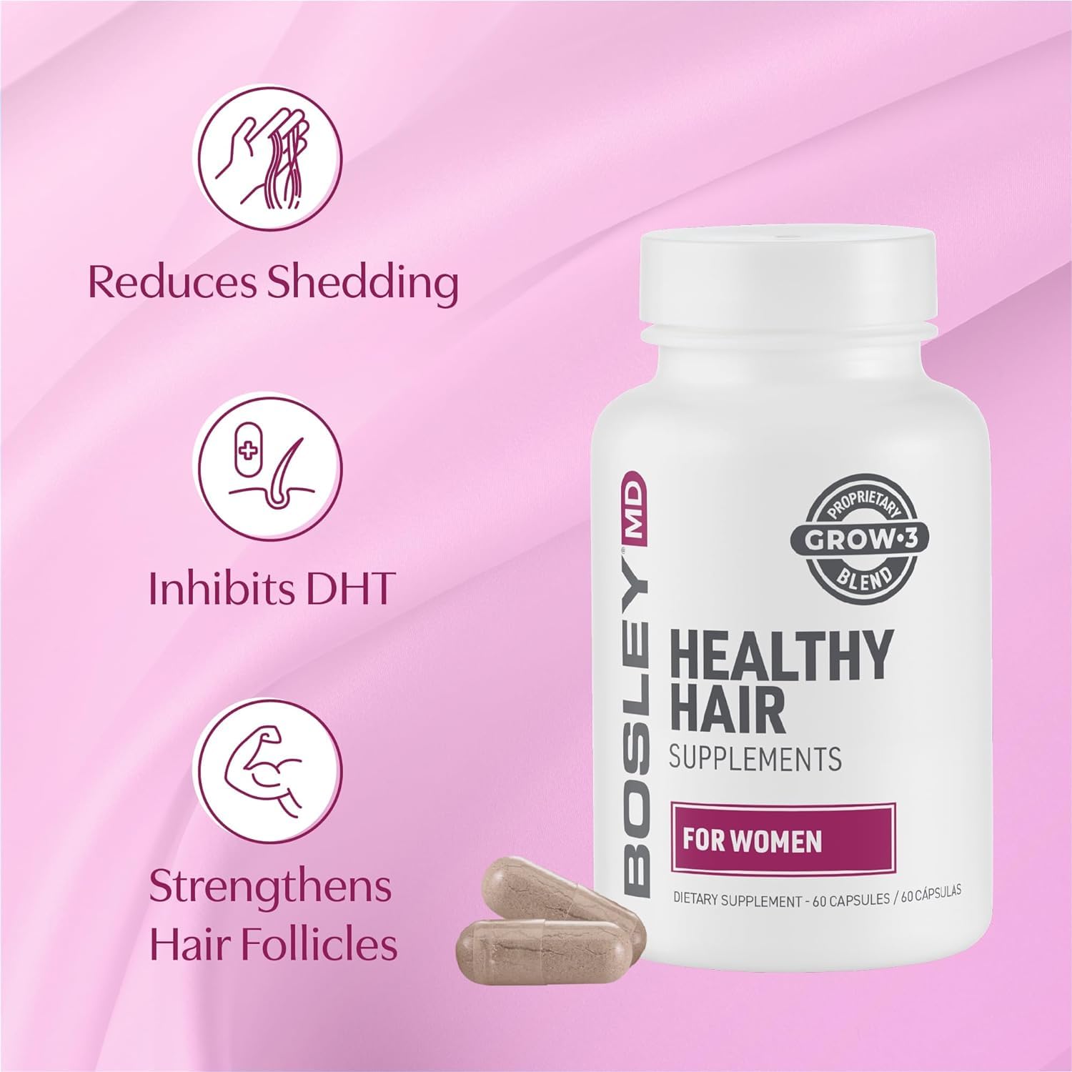BosleyMD Women’s Healthy Hair Growth Supplements – DHT-Blocking Botanicals, Biotin & Zinc | 60 Capsules