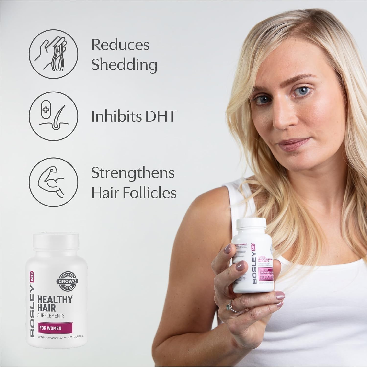 BosleyMD Women’s Healthy Hair Growth Supplements – DHT-Blocking Botanicals, Biotin & Zinc | 60 Capsules