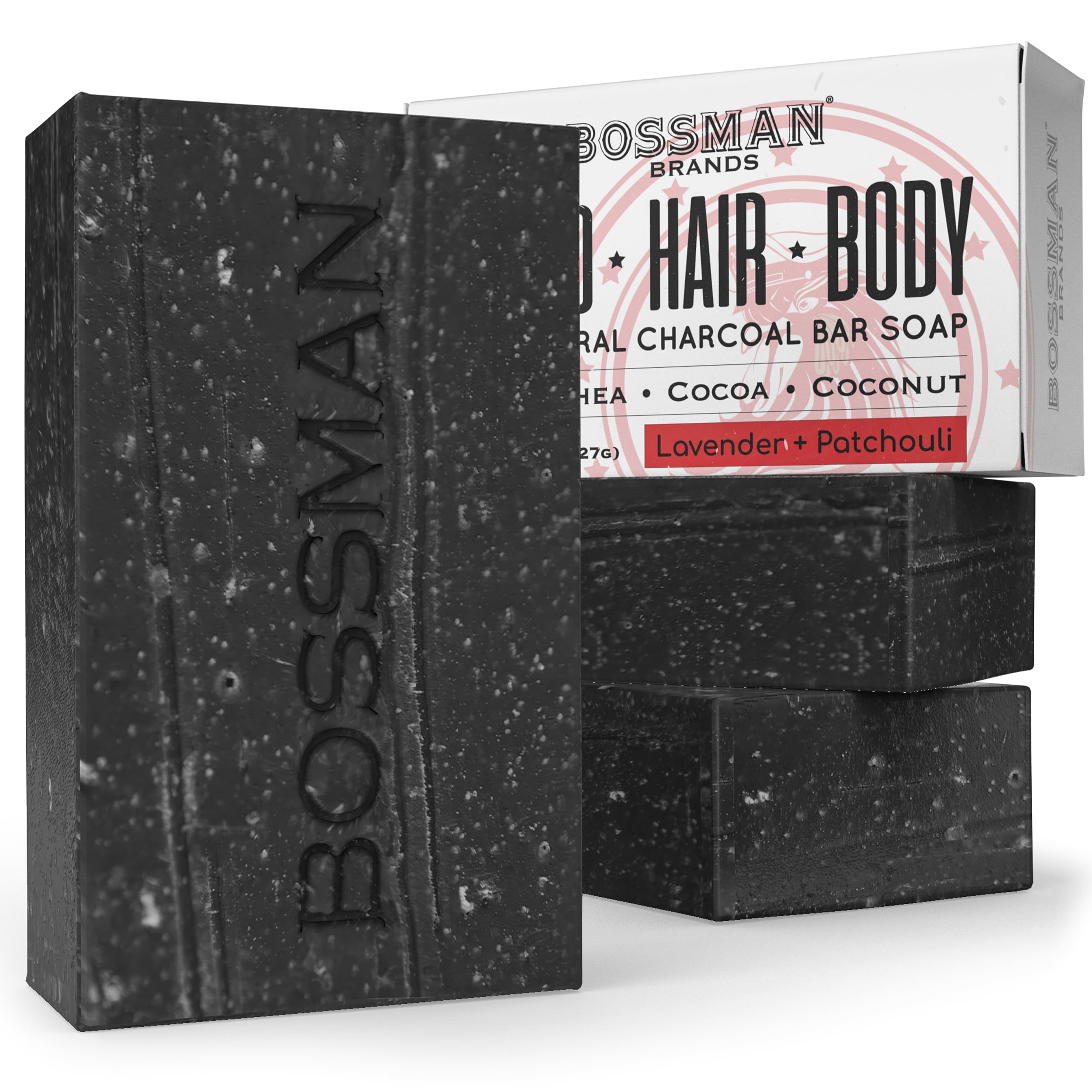 Bossman 3-Pack 4-in-1 Charcoal Soap Bar (4 oz) – Lavender & Patchouli Scent