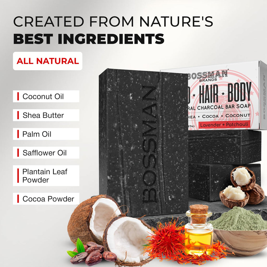Bossman 3-Pack 4-in-1 Charcoal Soap Bar (4 oz) – Lavender & Patchouli Scent