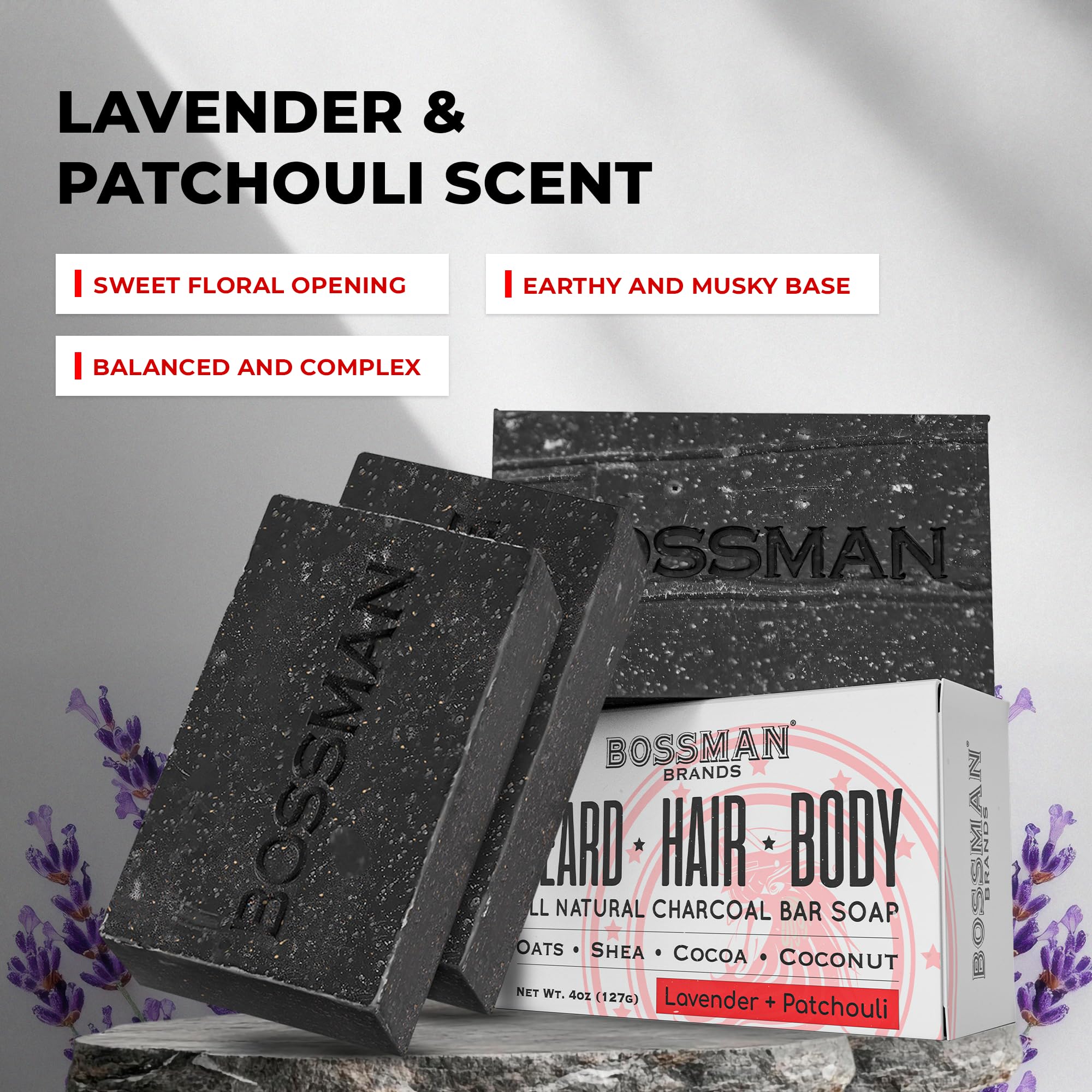 Bossman 3-Pack 4-in-1 Charcoal Soap Bar (4 oz) – Lavender & Patchouli Scent