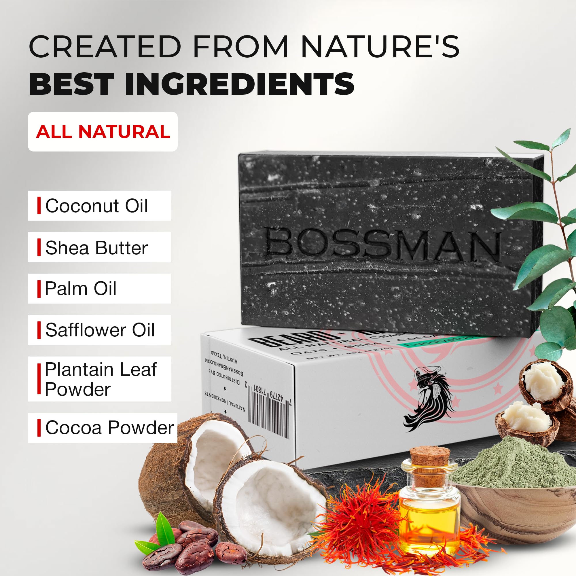 Bossman 3-Pack 4-in-1 Charcoal Soap Bar (4 oz) – Beard Wash, Shampoo, Body Wash & Shaving Soap – Eucalyptus & Tea Tree Scent – Made in USA