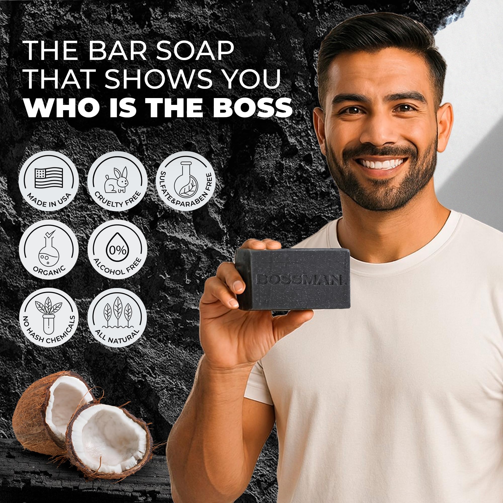 Bossman 3-Pack 4-in-1 Charcoal Soap Bar (4 oz) – Beard Wash, Shampoo, Body Wash & Shaving Soap – Eucalyptus & Tea Tree Scent – Made in USA