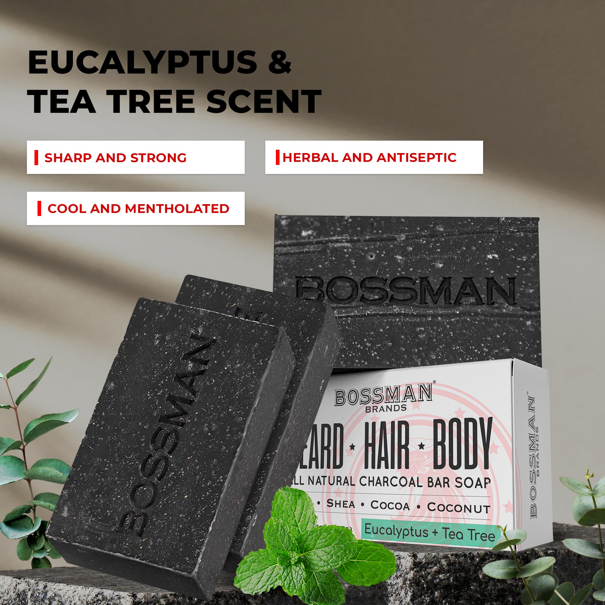 Bossman 3-Pack 4-in-1 Charcoal Soap Bar (4 oz) – Beard Wash, Shampoo, Body Wash & Shaving Soap – Eucalyptus & Tea Tree Scent – Made in USA