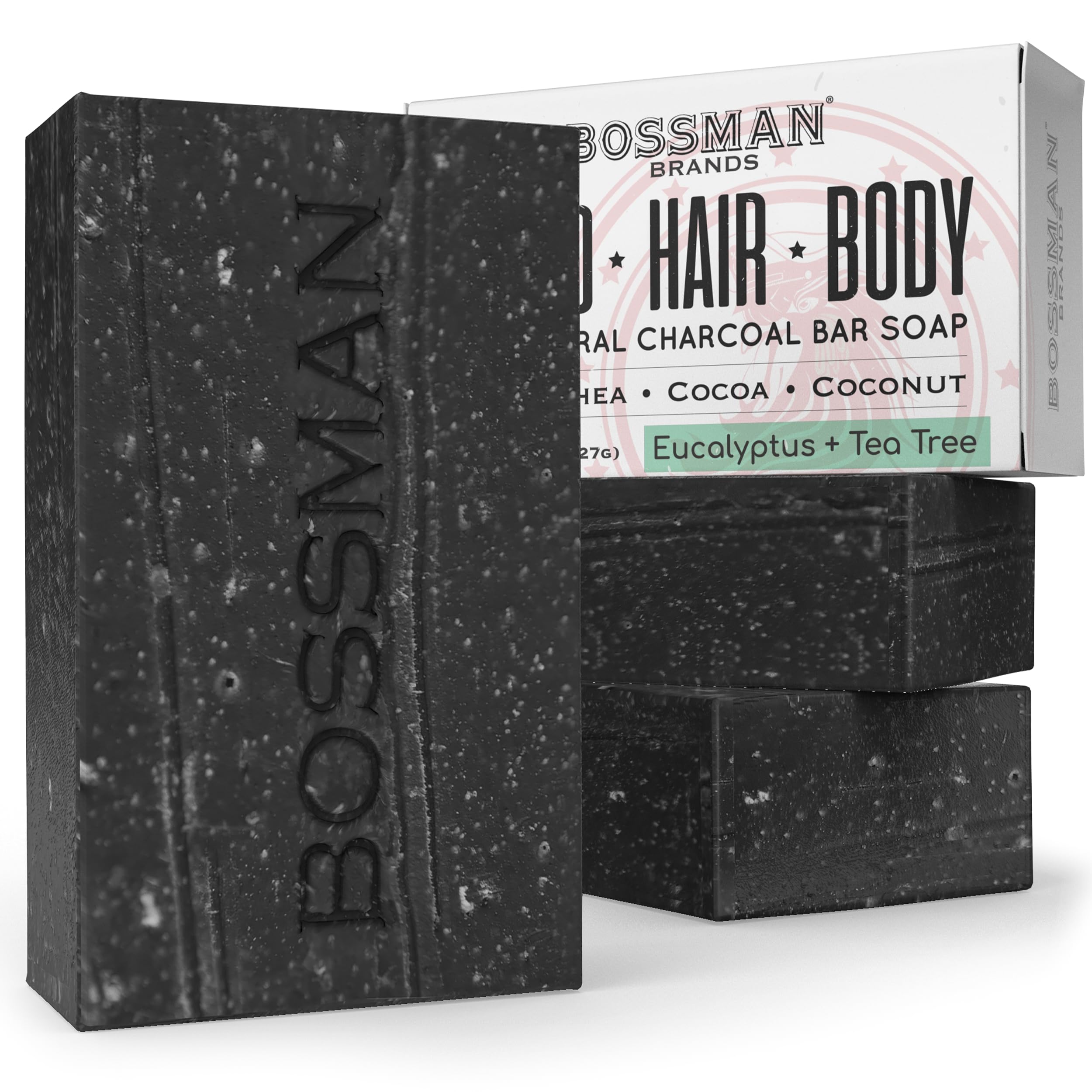 Bossman 3-Pack 4-in-1 Charcoal Soap Bar (4 oz) – Beard Wash, Shampoo, Body Wash & Shaving Soap – Eucalyptus & Tea Tree Scent – Made in USA