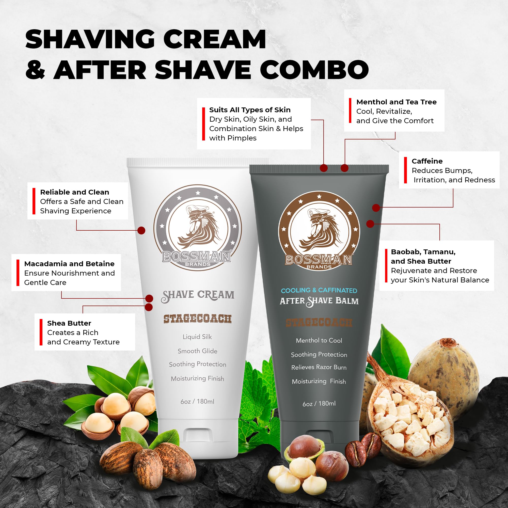 Bossman Silk Shaving Cream & Cooling Aftershave – Stagecoach Scent Combo for Men