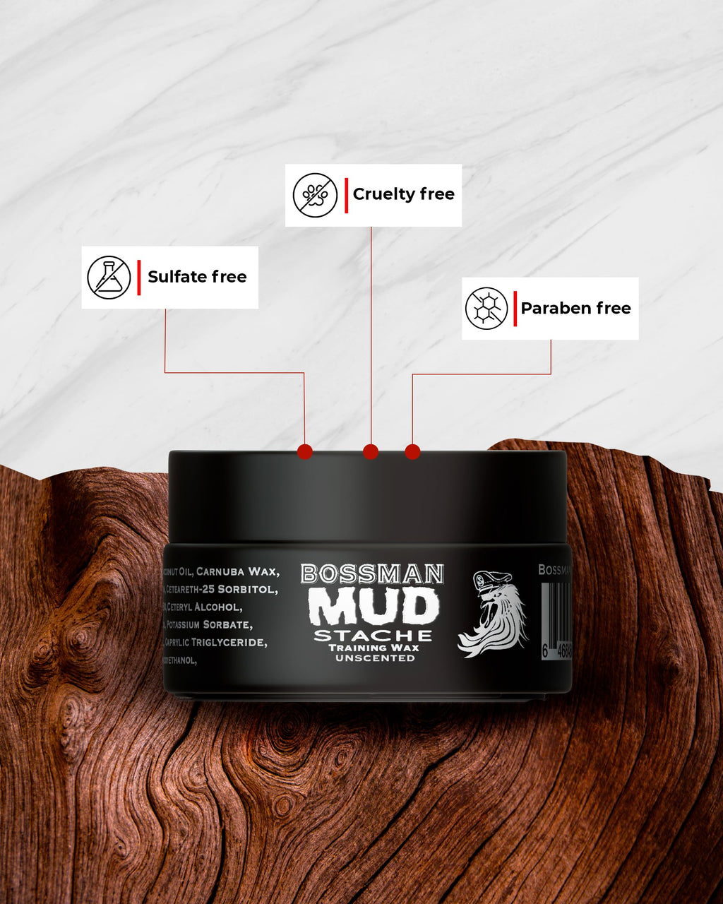 Bossman MUDstache Unscented Mustache Wax for Men (2 oz) – 2 Pack, Strong 24-Hour Hold, Non-Tacky & Easy to Apply