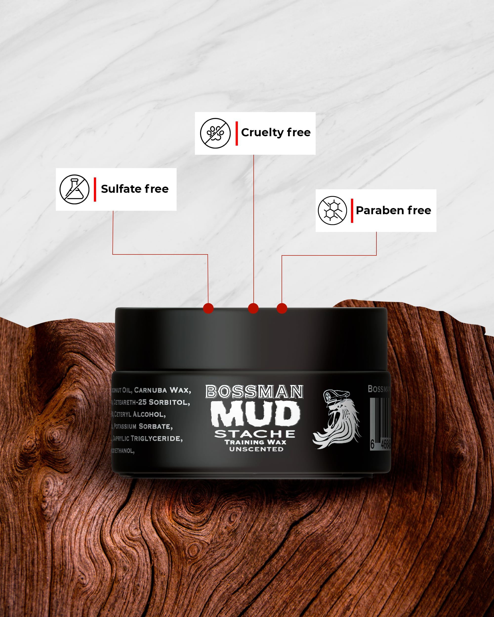 Bossman MUDstache Unscented Mustache Wax for Men (2 oz) – 2 Pack, Strong 24-Hour Hold, Non-Tacky & Easy to Apply