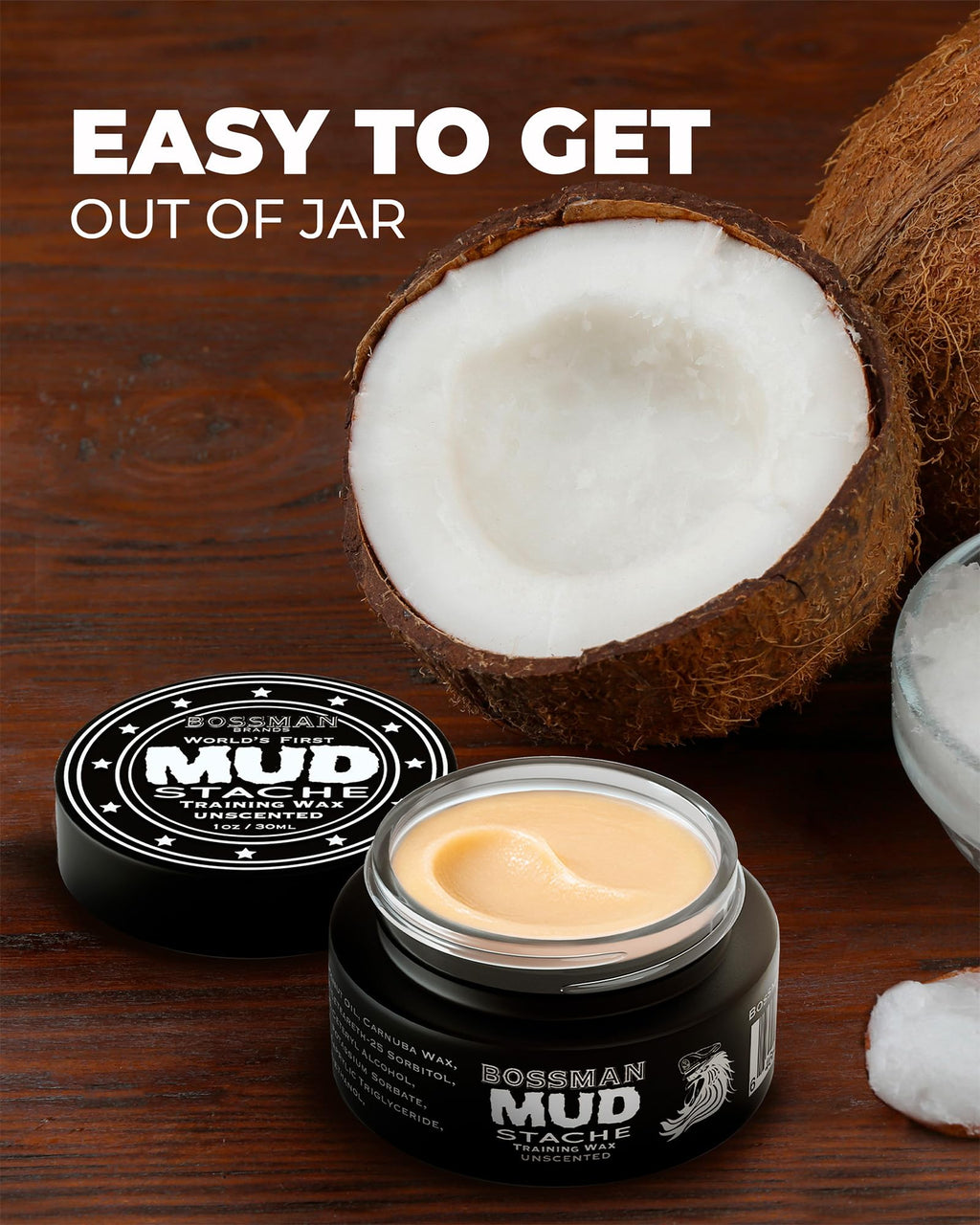 Bossman MUDstache Unscented Mustache Wax for Men (2 oz) – 2 Pack, Strong 24-Hour Hold, Non-Tacky & Easy to Apply