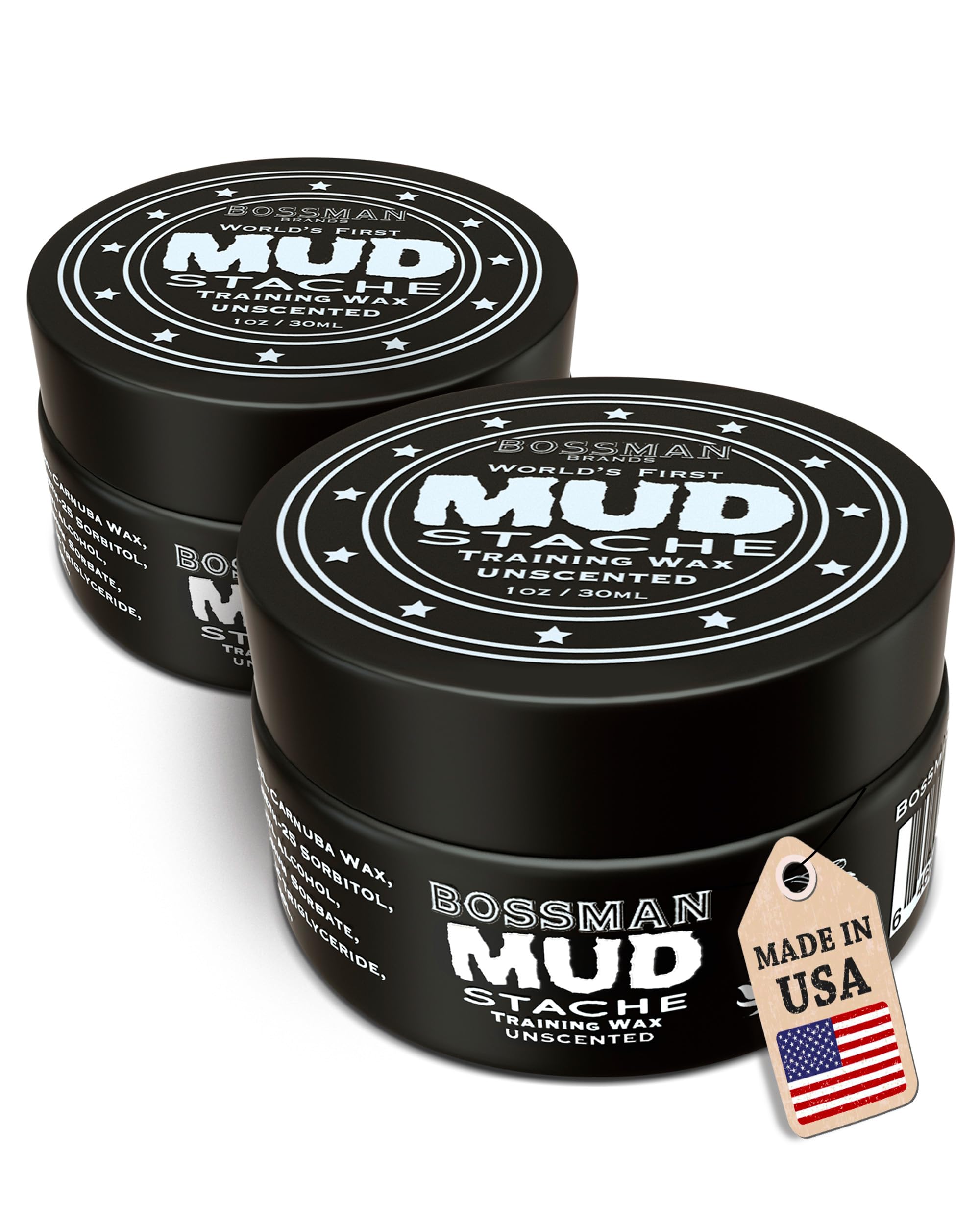 Bossman MUDstache Unscented Mustache Wax for Men (2 oz) – 2 Pack, Strong 24-Hour Hold, Non-Tacky & Easy to Apply